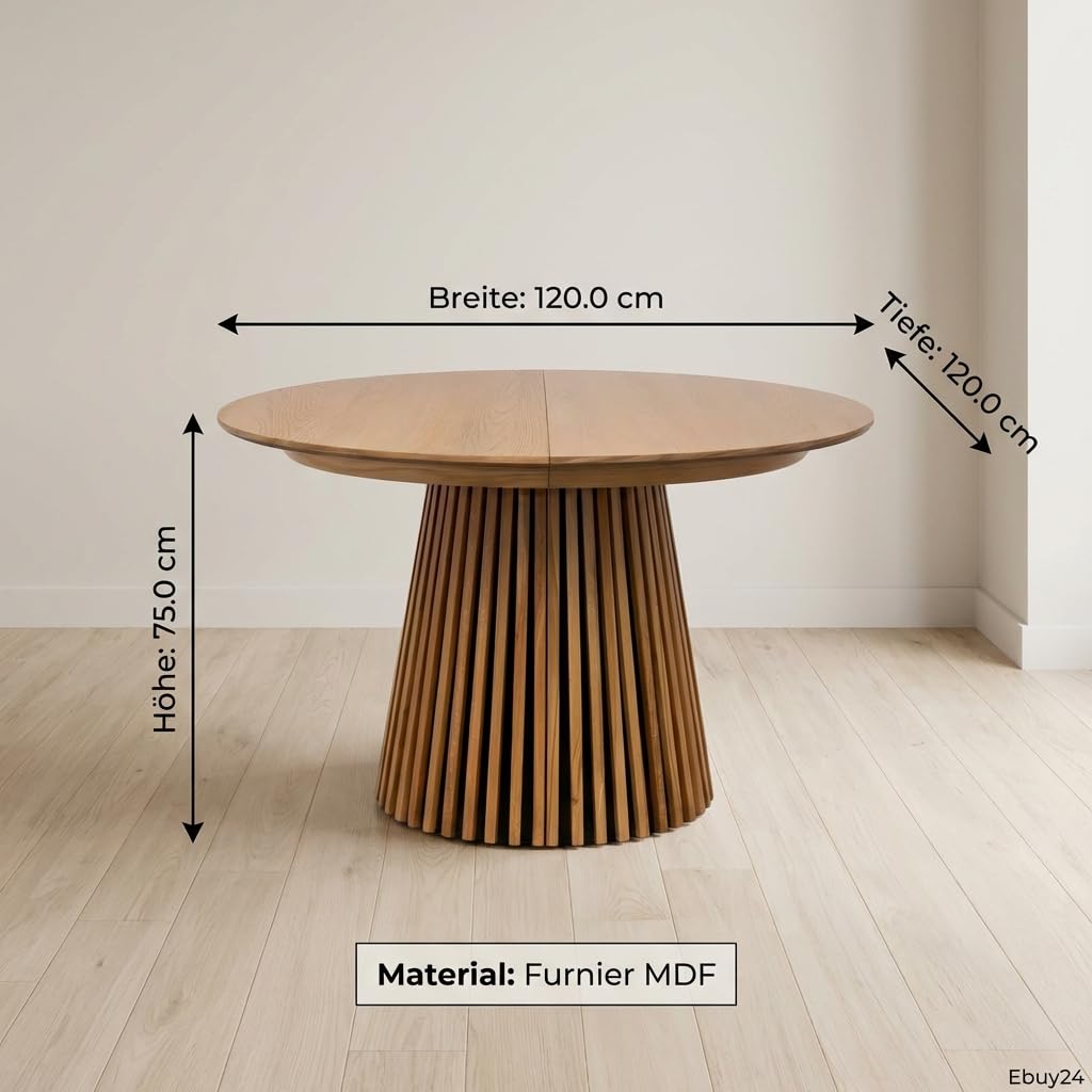 Esstisch oval ausziehbar - Tokyo 2 Einlegeplatten 120/160/200 cm Eiche Furnier Natur – Ausziehtisch Rund zu Oval Esszimmertisch