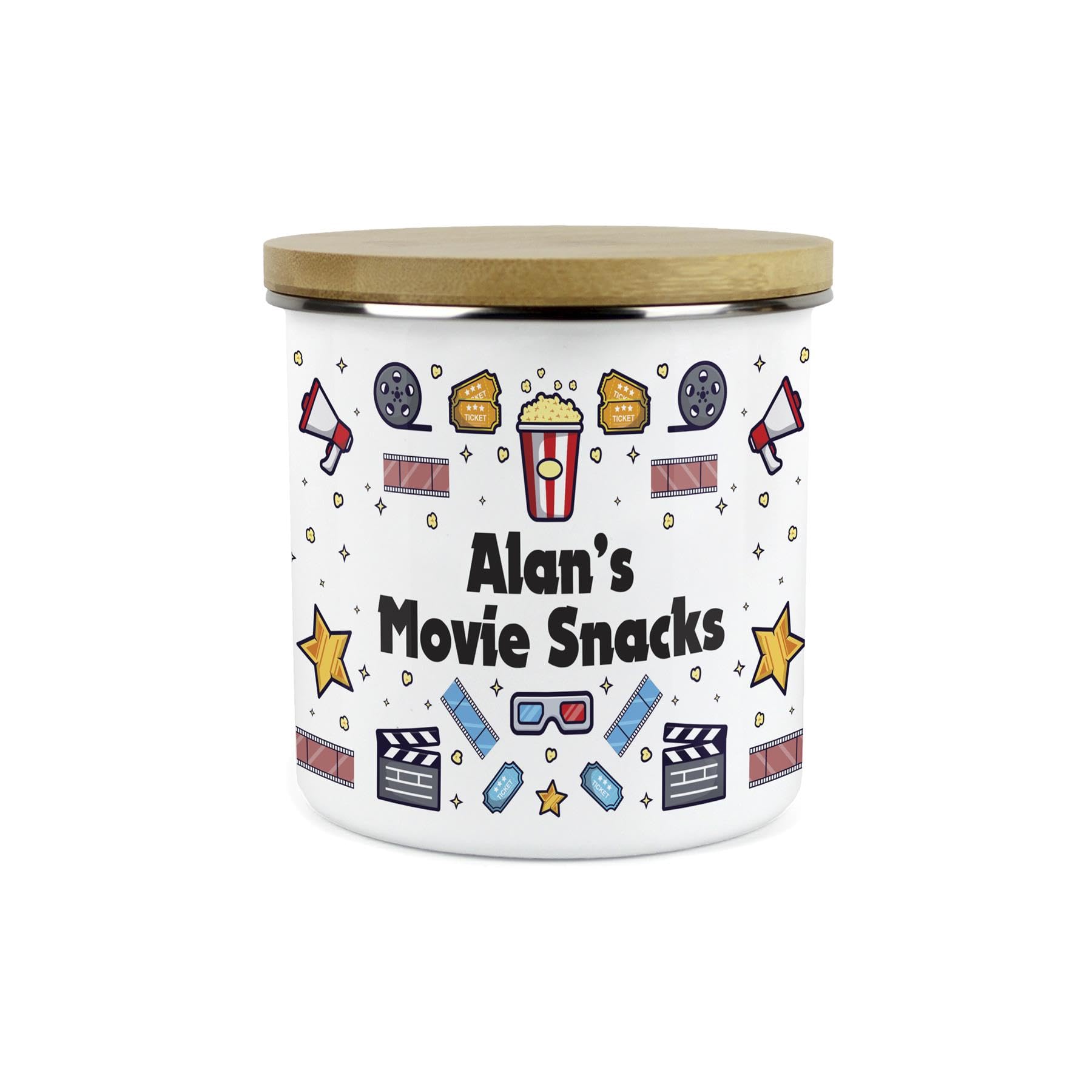 Custom Movie Snacks Storage Canister - Personalised Films Themed Homewares Gifts For Home Cinema - White Metal Enamel Food Storage Container Pot Present