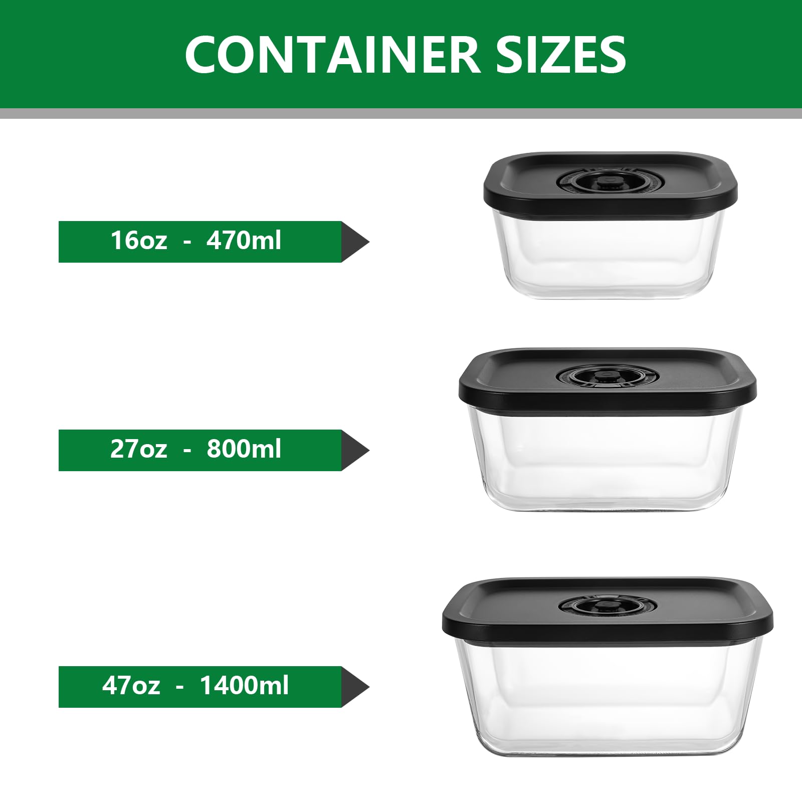 Premium 3-teiliges Borosilikatglas Vakuum Frischhalteset - 3 Größen (470ml, 800ml, 1400ml) + Handvakuumpumpe & 10 wiederverwendbare Beutel - Auslaufsicher, Backofen/Mikrowelle