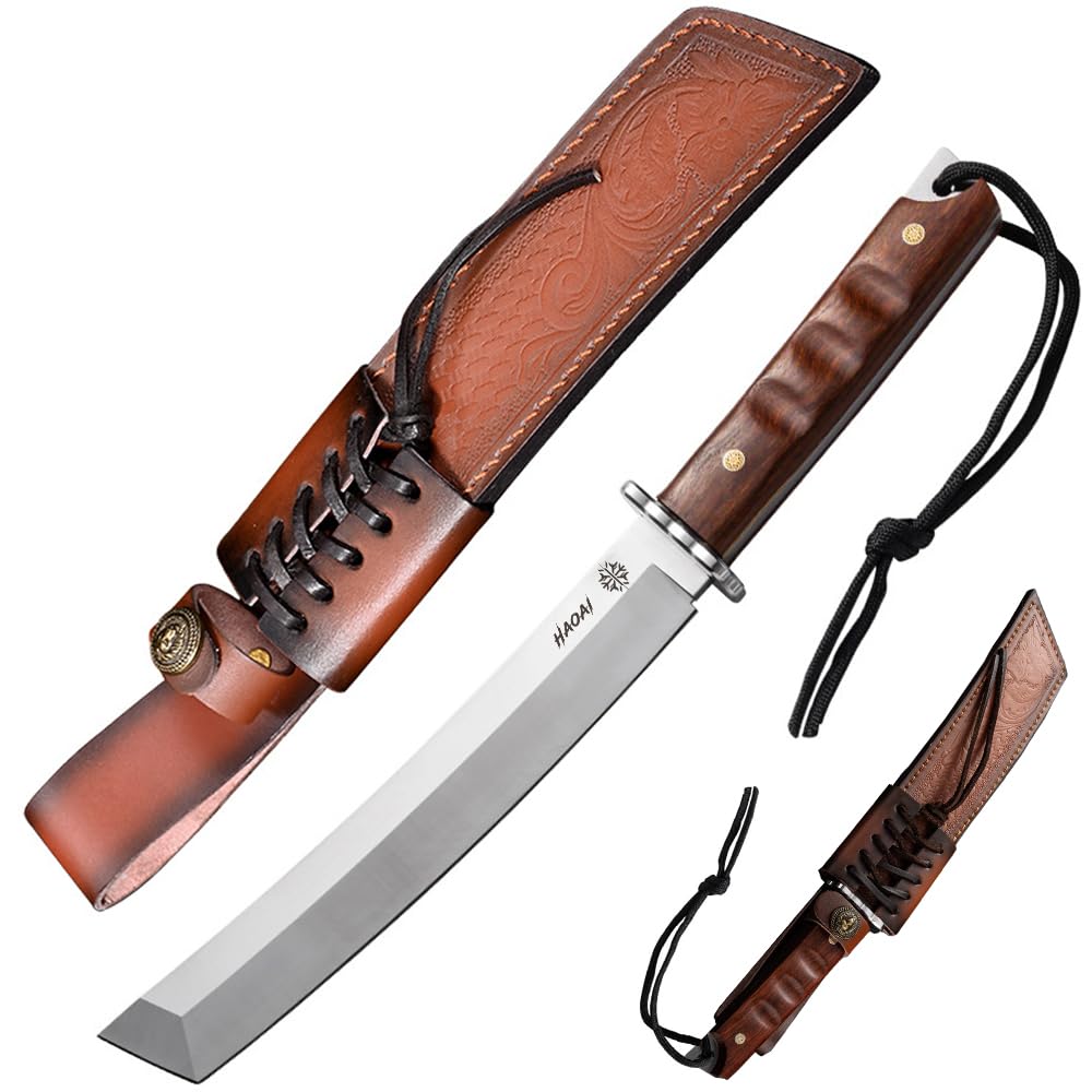 Cuchillos de hoja fija Caza está hecho de acero M390 tanto Mango De Madera, Con Funda De Cuero, Camping De Supervivencia Para Outdoor Supervivencia y Camping (V)