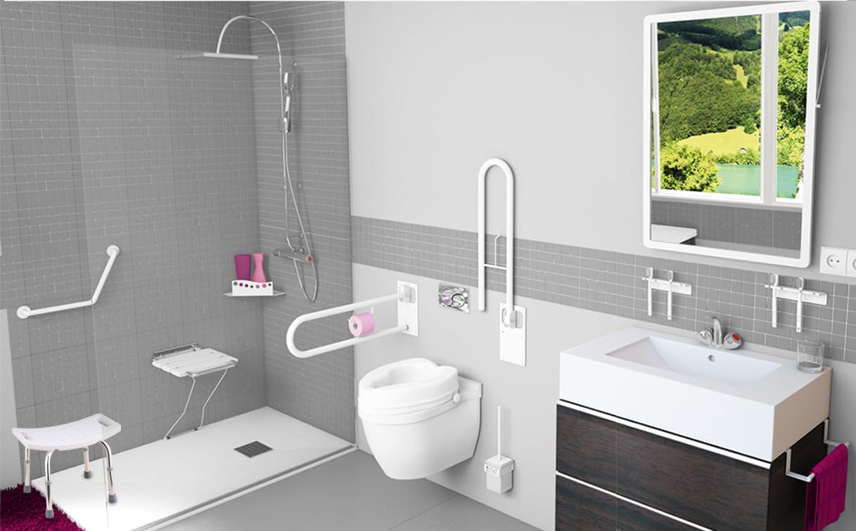 Barra Abatible de Acero Con Portarrollos Incorporado, Barra Baño Minusválido, Barra WC Seguridad, Giratoria y de Plegado Compacto a Pared, Blanco Mate, 73 cm
