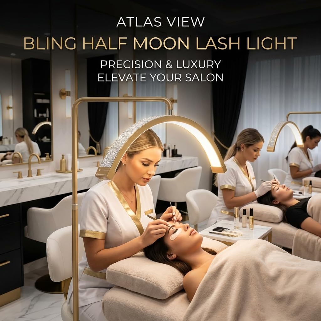 Plain Gold Eyelash LED Moon Light - Dimmable Lamp for Estheticians, PMU & Nail Techs - Led Floor Lamp Adjustable Height, Touch Control (Plain Gold, no Diamond) (Plain Gold No Diamond)