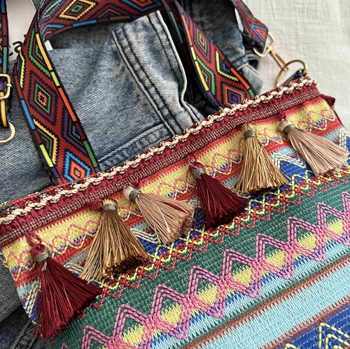 boho western crossbody bags for women, boho hippie handbag tote bag, fringe colorful multi color canvas purse4