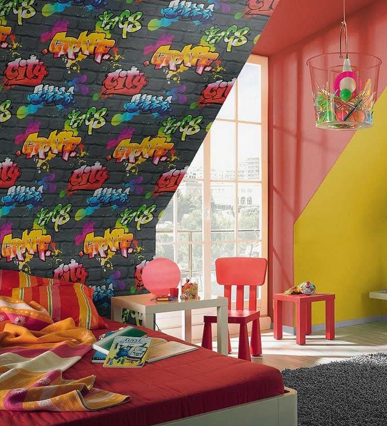 GAULAN 6247 - Papel pintado muro de grafiti estilo urbano juvenil multicolor con textura para pared habitación dormitorio juvenil cabecero - Rollo de 10 m x 0,53 m