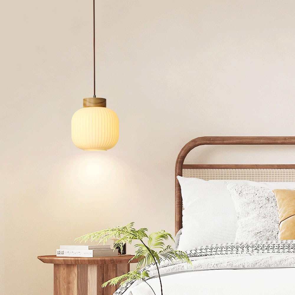 Lampada a sospensione cilindrica bianca da 7,8 pollici, paralume in vetro a strisce con lampada a decorata in legno, lampadario a soffitto in stile fattoria