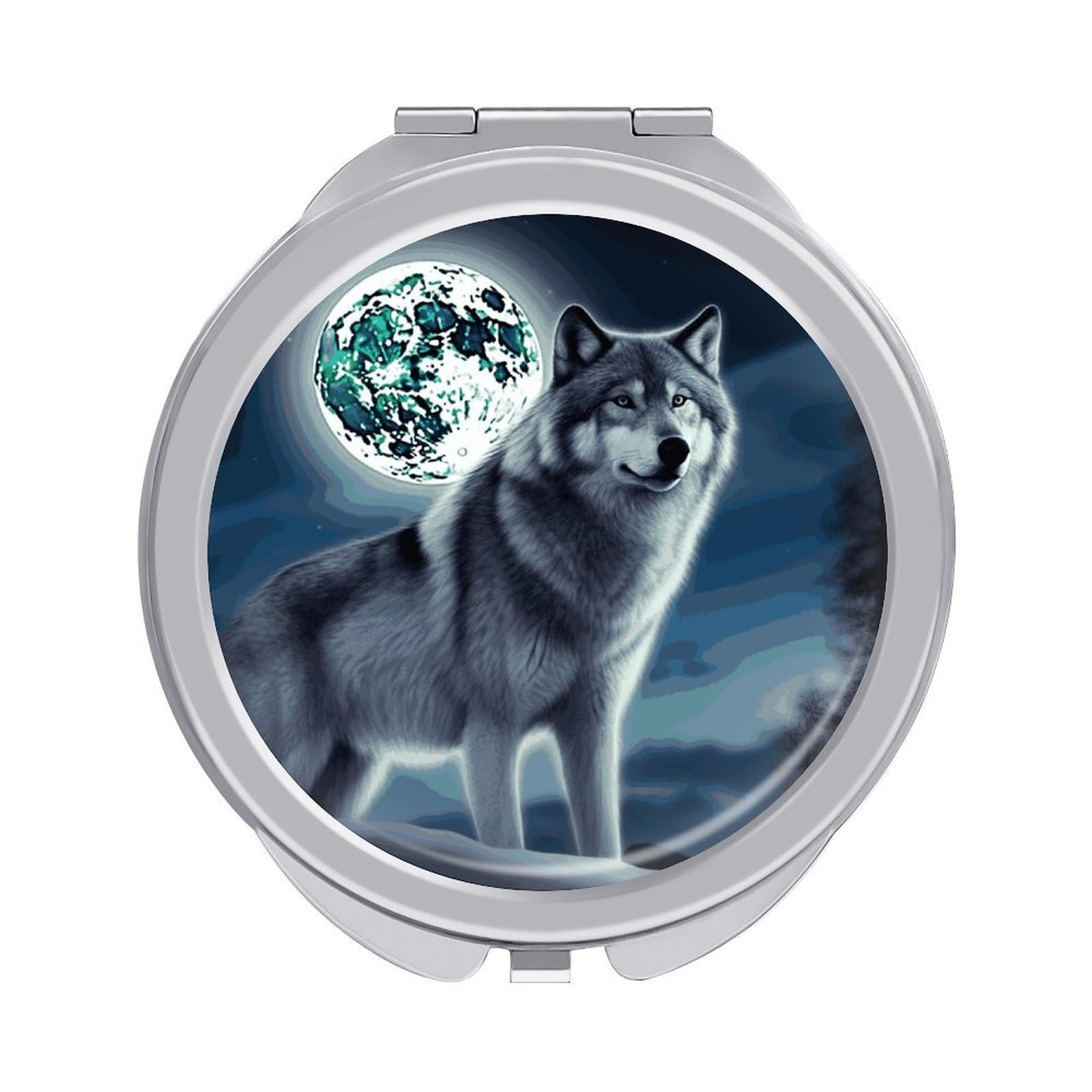 LDGSUPH Wolf Under Moon Travel Makeup Mirrors Portable Compact Mirror Double-Sided 2X/1X Magnifying Folding Pocket Mirror Mini Round Handheld Mirrors for Home Outdoor