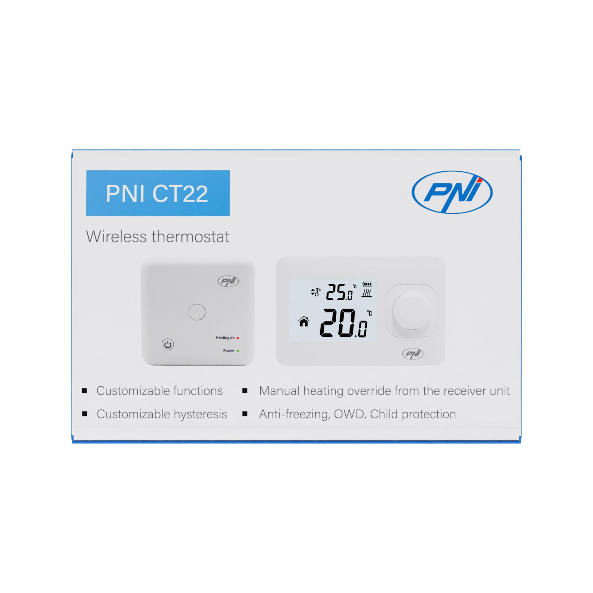 PNI Termostato wireless CT22 per impianti di riscaldamento, 0,2 °C, isteresi, display retroilluminato.