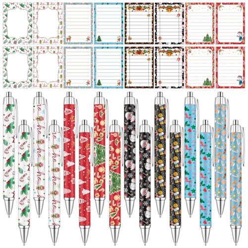 Uoeo 32 Pcs Christmas Pens and Sticky Notes Xmas Self Stick Notepads Retractable Ballpoint Pens Christmas Gifts Bulk Office Supplies Gifts Xmas Party Favor Stocking Fillers for School Office Home