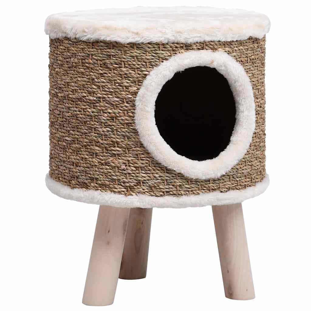 Panier en Osier, Corbeille Niche Maison Lit pour Chat avec Pieds en Bois 41 cm Herbiers Marins