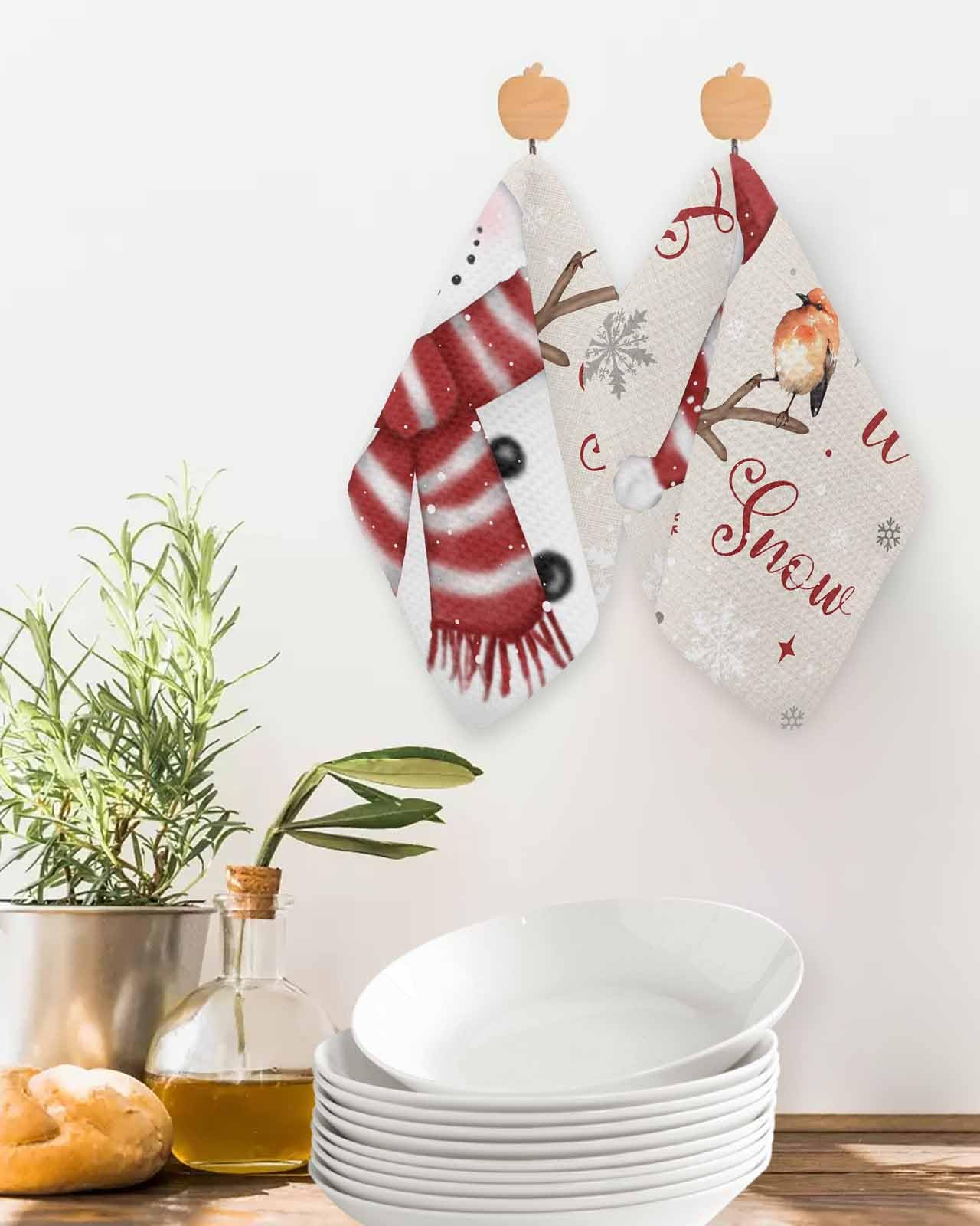 Hokiten Red Christmas Snowman Waffle Kitchen Towels Dishcloths, Xmas Snowflake Birds Absorbent Dish Towels | Hand Towels for Bathroom/Bar, 12 x 12 Inch, 2 Pcs