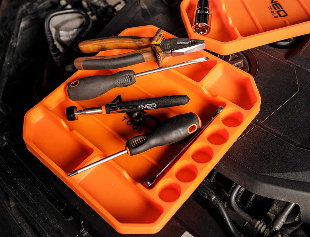 NEO TOOLS Bandeja de herramientas de silicona, 25,7 x 23,2 x 2,5 cm, 6 compartimentos, 5 portabrocas, antideslizante, ligera, protege herramientas y equipos de taller, flexible, antideslizante