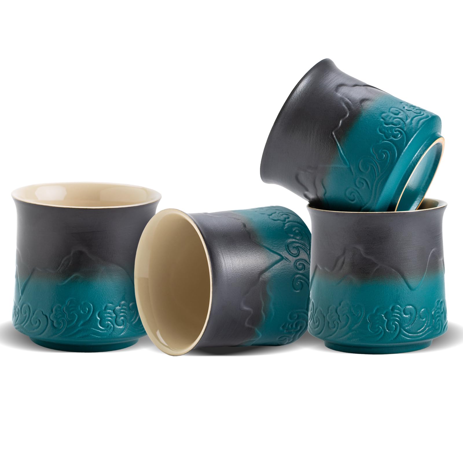 ZENS Japanese Tea Cups Set of 4 - Embossed 8 oz Ceramic Asian Cups for Loose or Matcha Tea - No Handles, Traditional Occupied Japan Style - Dark Green
