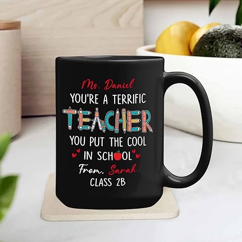 Miniatura 4 de Taza de café negra con texto en inglés "You're A Terrific Teacher You Put The Cool In School" de 11 onzas y 15 onzas, taza de café personalizada