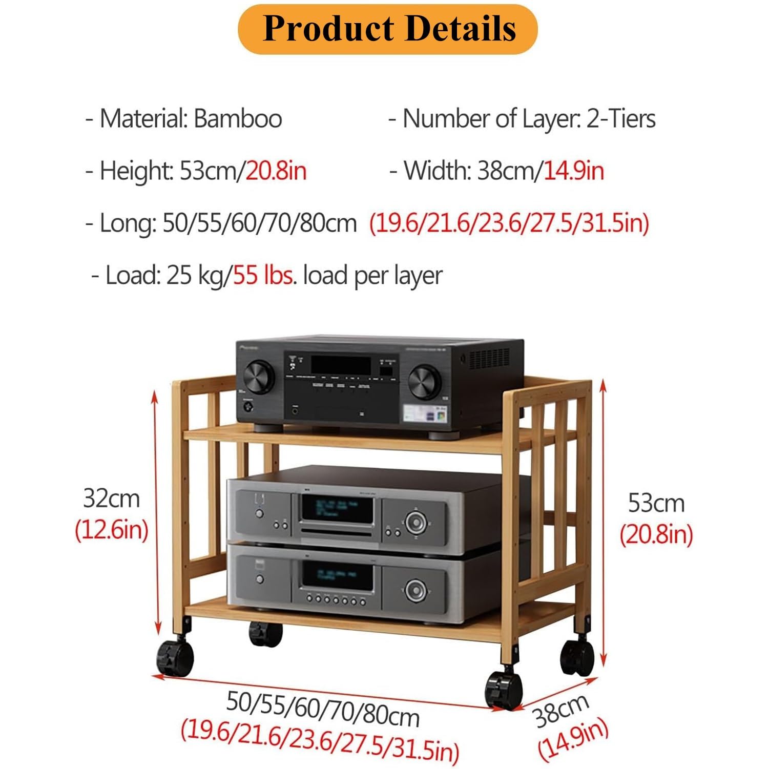 2-poziomowy stojak na sprzęt audiowizualny z kółkami i regulowanymi półkami, bambusowy stojak na sprzęt audio-video HiFi, szafka na odtwarzacze DVD/konsolę do gier/dekoder TV (dł. 55*szer. 38*wys