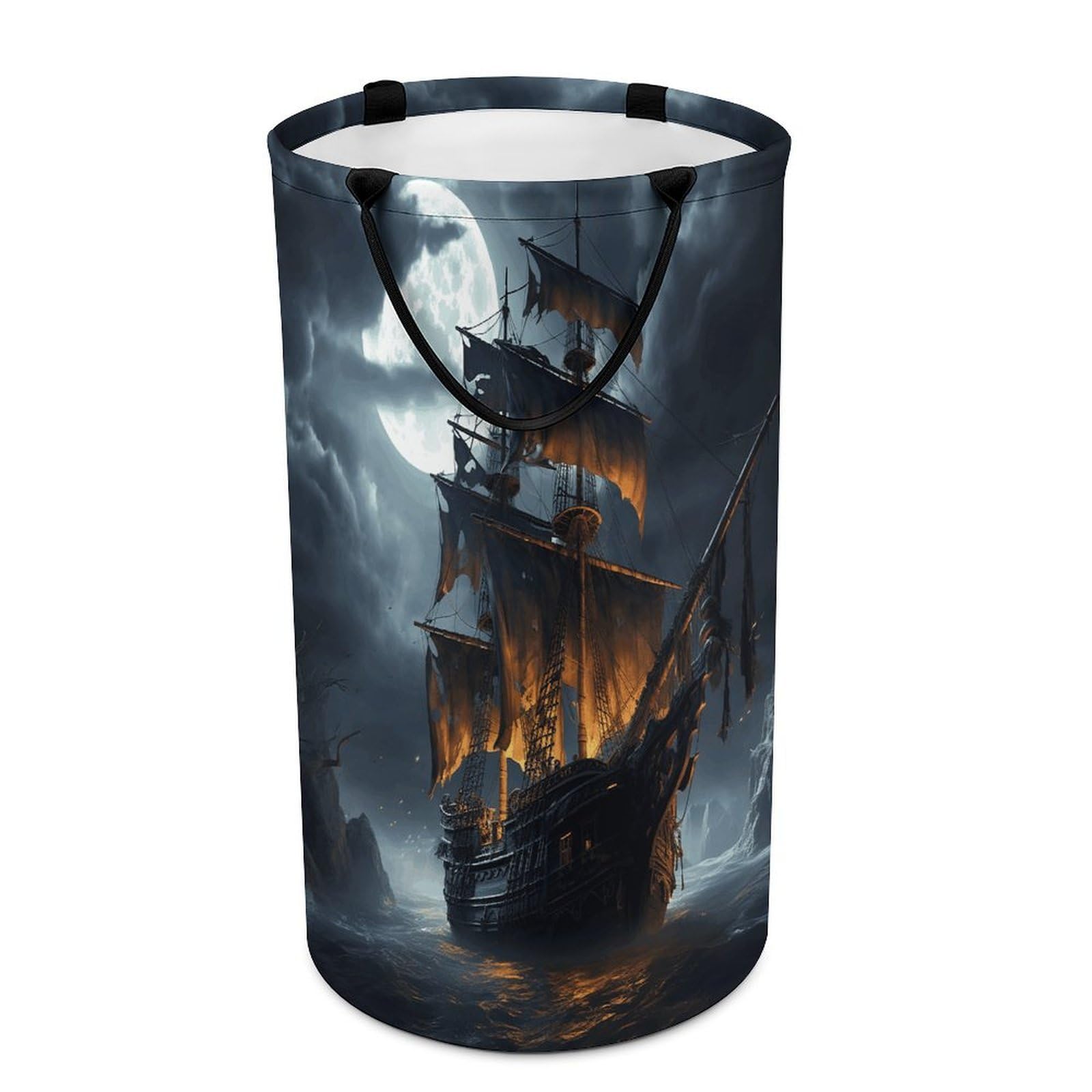 Pirate Sailboat Full Moon Laundry Hamper Waterproof Polyester Laundry Baskets Collapsible Dirty Clothes Storage Basket Clothes Hampers with Sturdy Handles for Travel Bedroom