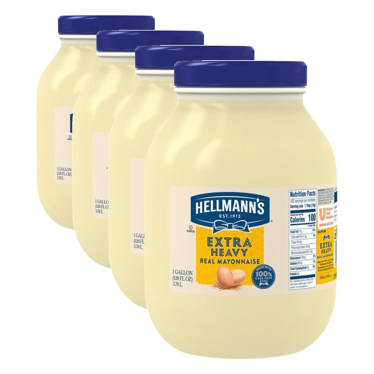 Hellmann's Extra Heavy Mayonnaise Jar, Extra Egg Yolk, Condiment for Sandwiches, Salads, Mayo Made with 100% Cage Free Eggs, Gluten Free 1 gallon 128 oz, Pack of 1