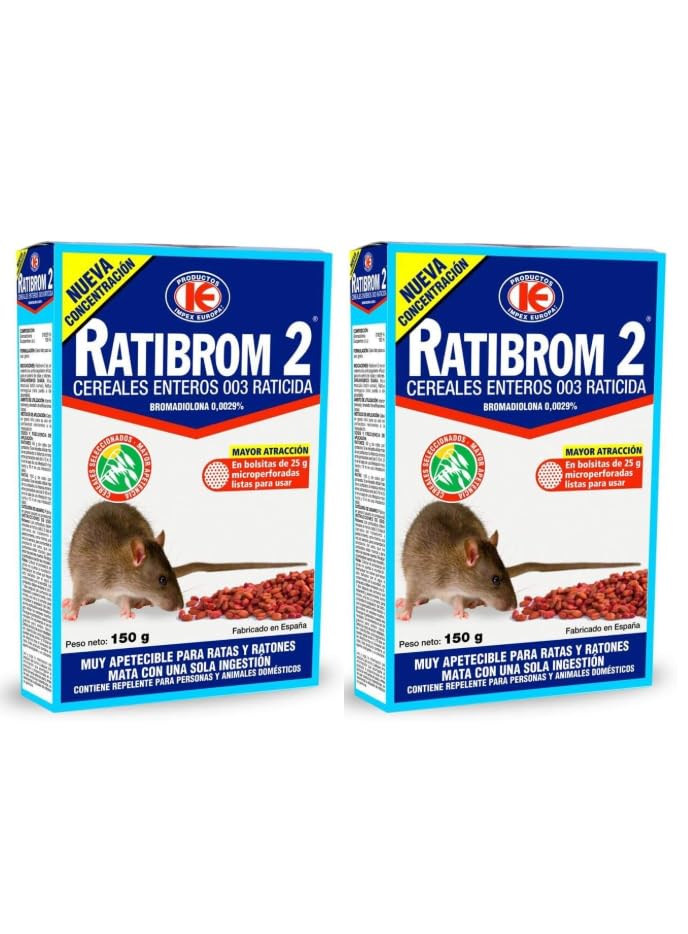 Pack 2 Unidades Ratibrom 2 Cereales 150g - Impex. Raticida para Ratas y Ratones Muy apetecible. Eficaz con una Ingesta. Mayor atraccion. Listo para Usar.