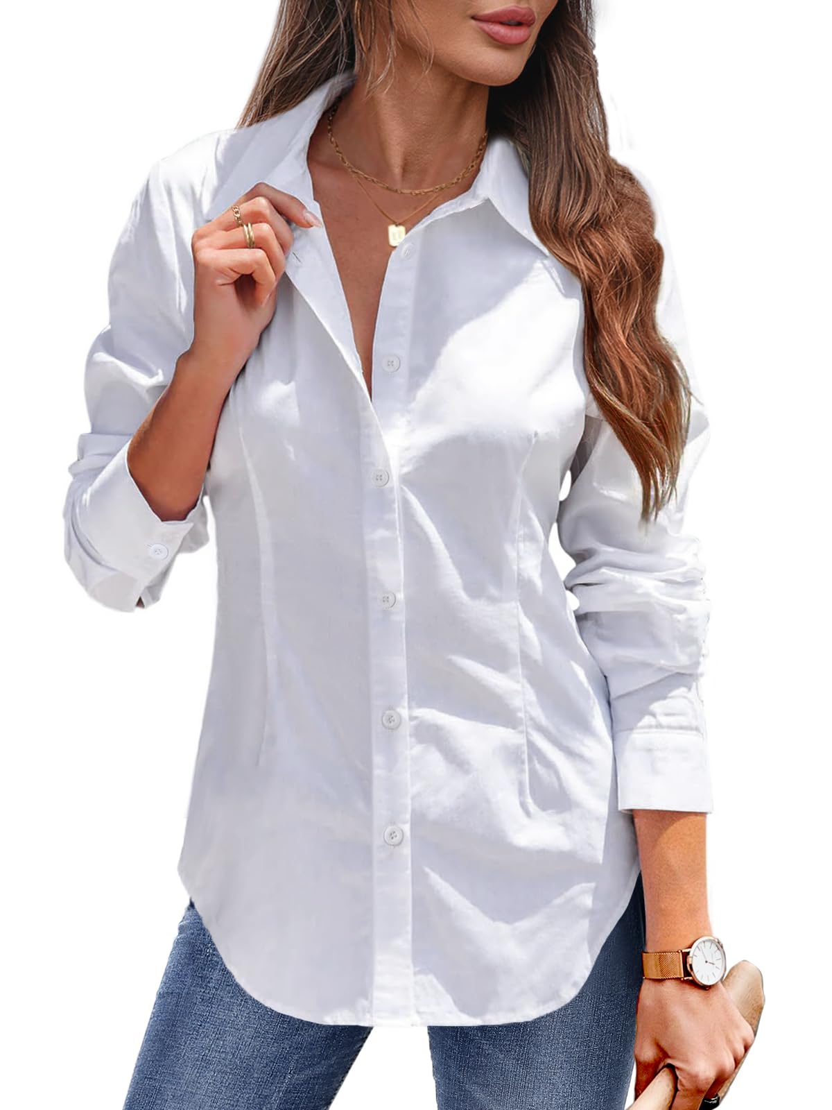Tanmolo Damen Bluse Sommer Hemdbluse Baumwolle Hemd mit Abnähern Reverskragen Business Blusen mit Knopfleiste Elegante V-Ausschnitt Blusenshirt Tops