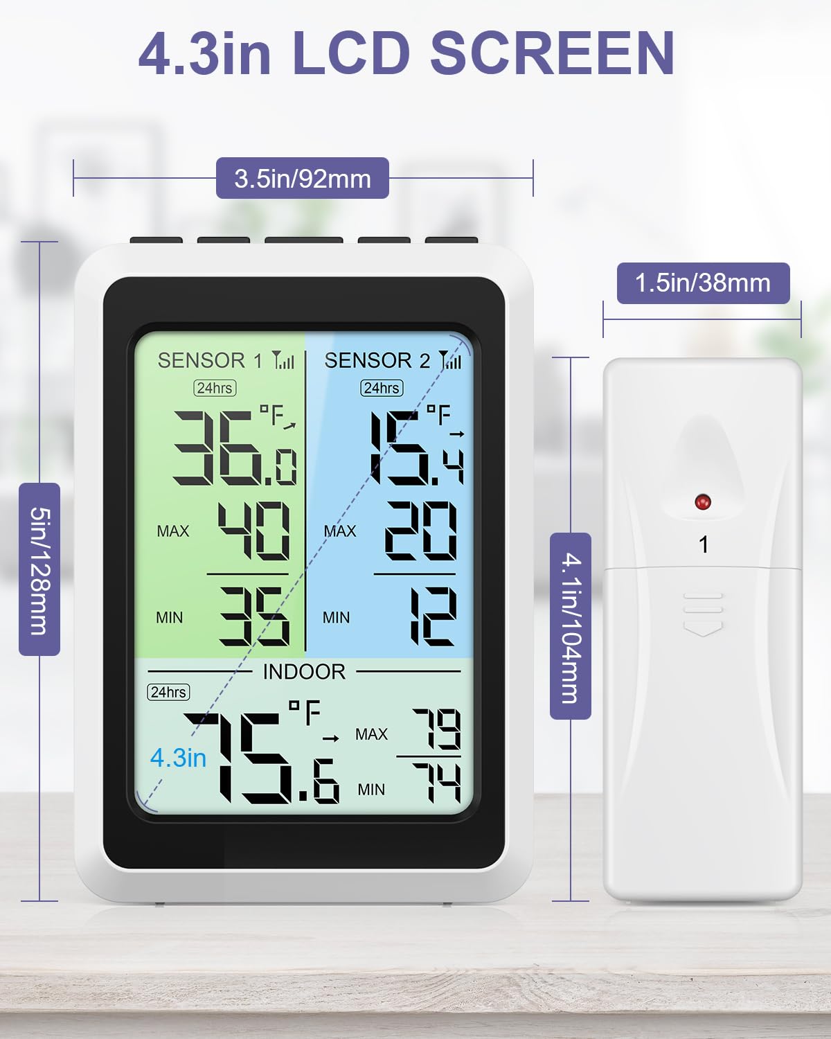 Termometro per frigorifero con allarme, 11,4 cm, wireless, con retroilluminazione a 2 livelli, 2 sensori, termometri digitali per congelatore con registrazioni max/min, per casa, ristoranti