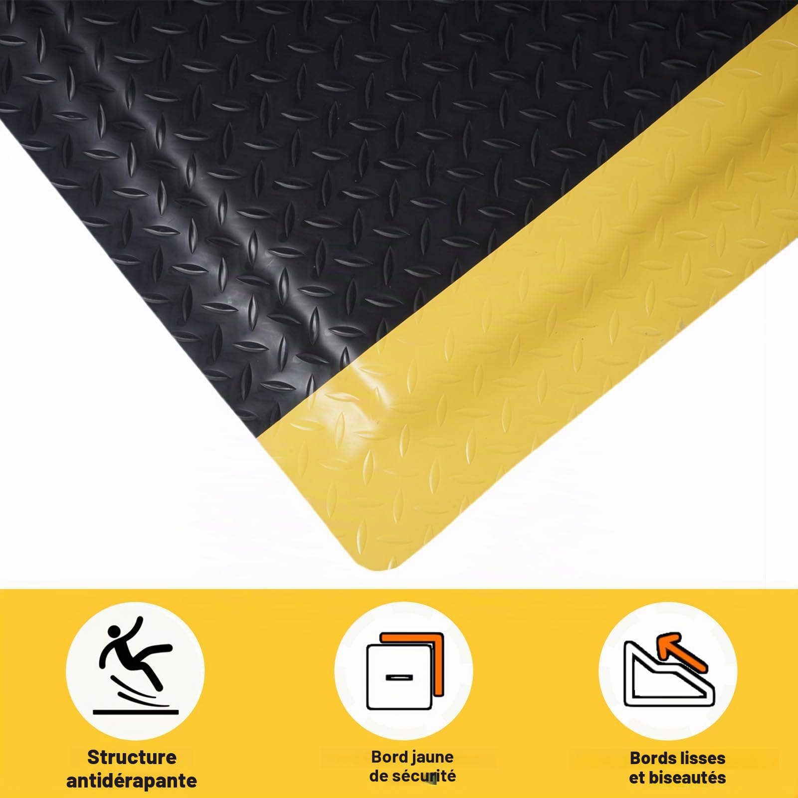Tapis anti-fatigue, en PVC, anti-fatigue, ergonomique, pour postes de travail debout, atelier, 92 x 152 cm, noir et jaune