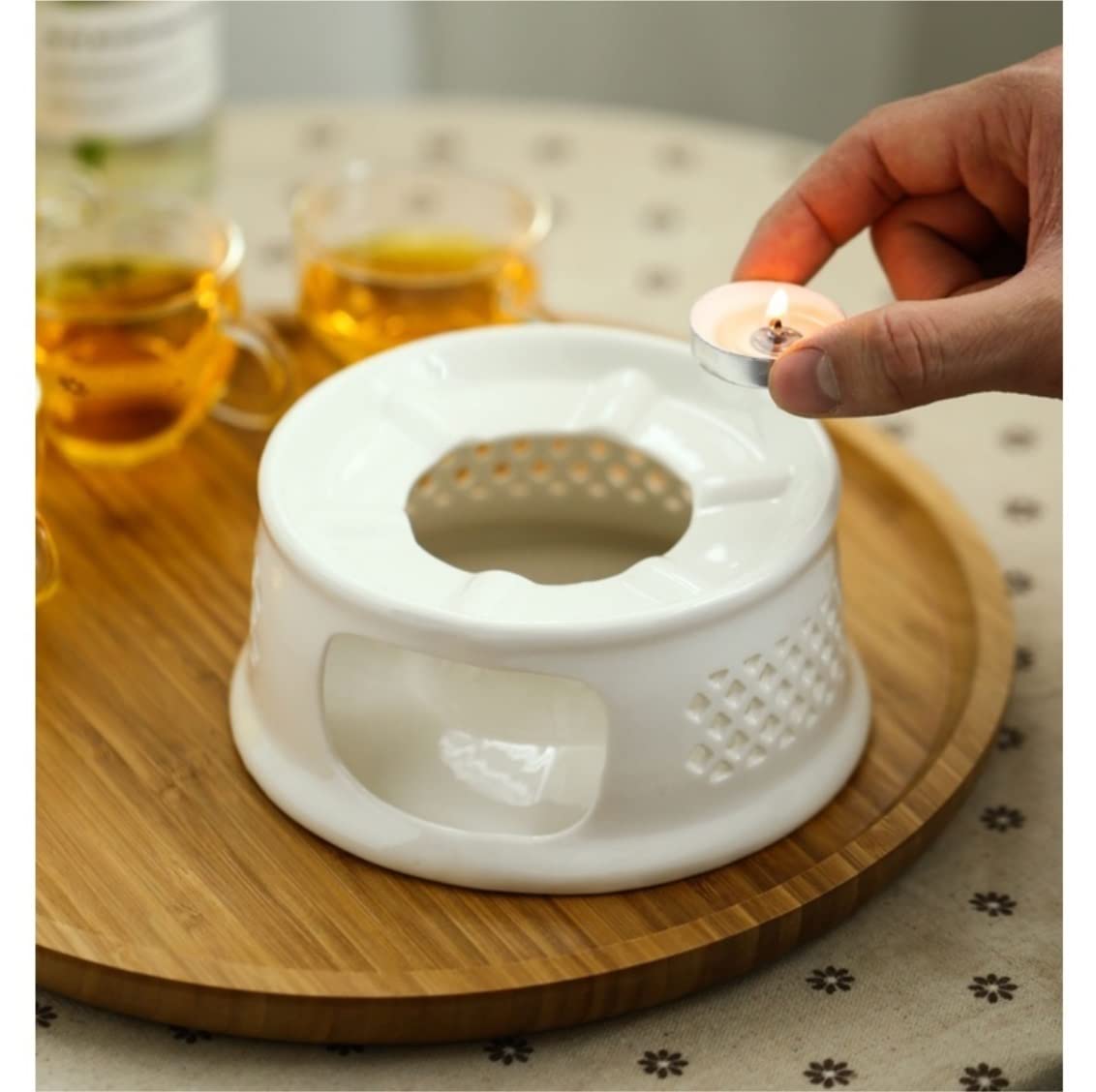Zestaw do Herbaty Zestaw na Herbatę 810ml Szklany Zestaw Do Herbaty Z Drewnianą Okrągłą Tacą Czajniczek Podstawa Ceramiczna Ciepły Świecznik Dzbanek Do Herbaty Kubek Sok Owocowy Czajnik Wodny Zestaw D