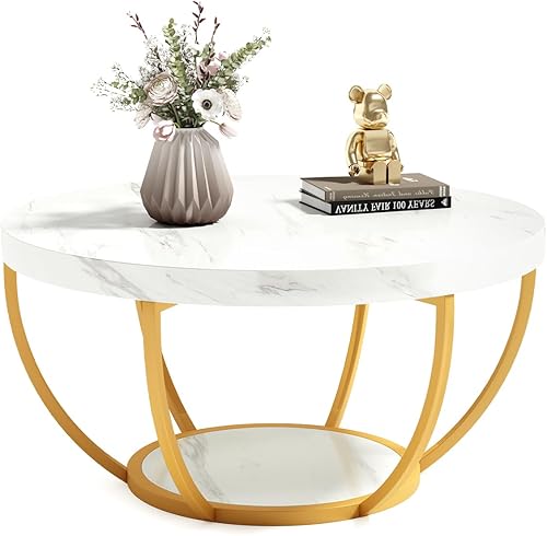 LITTLE TREE Round Coffee Table, 32" Circle Faux Marble Coffee Tables for Living Room, 2-Tier Golden Metal Legs Accent Center Table with Open Storage