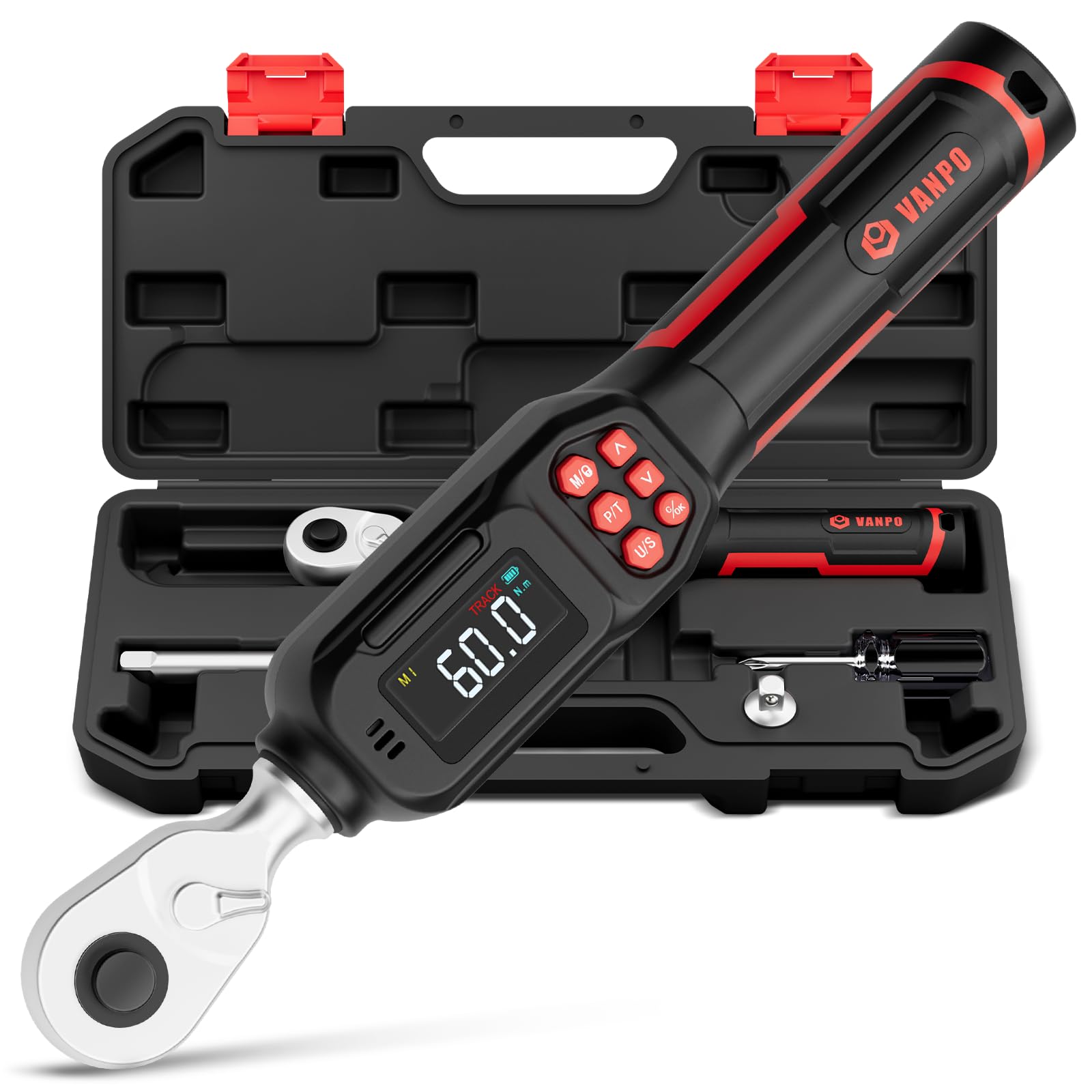 VANPO Llave Dinamometrica Digital 1/4", 3-60 NM Electronica Llave Dinamometrica con Pantalla LCD, 4 Unidades, Alarma Sonora y Color, Trinquete Reversible ±2% para Bicicleta y Moto