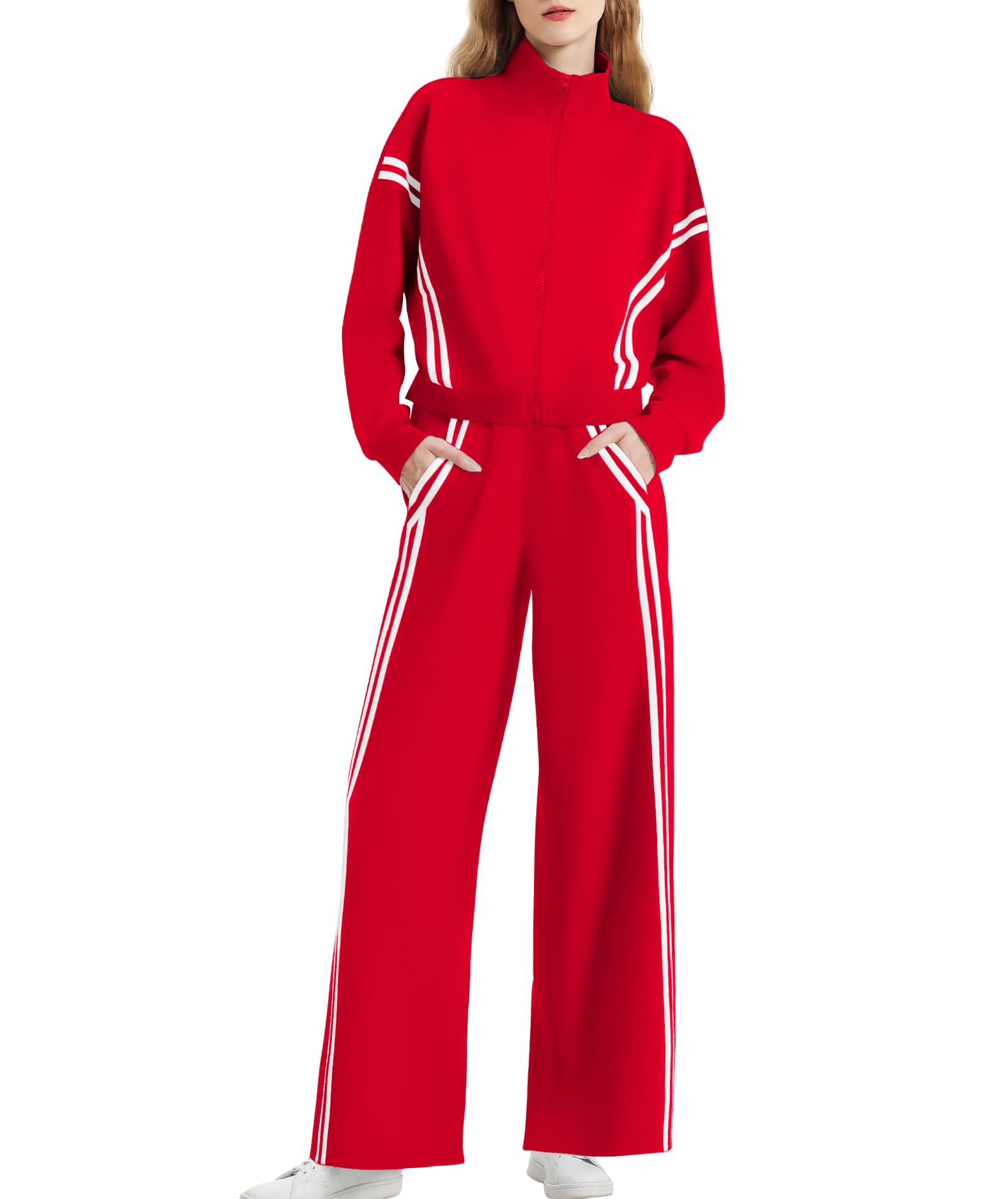 Casly Lamiit Womens 2 Piece Lounge Outfits Zip Up Sweat Set Contrast Striped Wide Leg Jogging Pants Travel