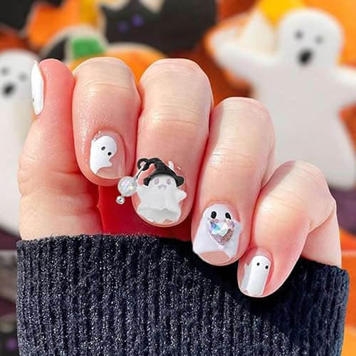 Miniatura 2 de 10 dijes de uñas de Halloween, diseño de calavera de fantasma, corazón con gemas de uñas, divertidos diamantes de imitación de uñas de Halloween