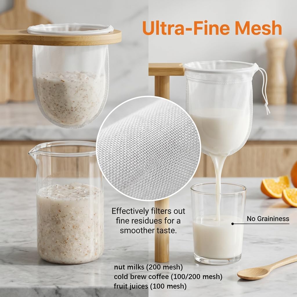 5 Pcs Reusable Fine Mesh Strainer Bags (24x36cm), Nylon Food Strainer for Nut Milk, Juice, Cold Brew Coffee & Yogurt, Multiple Mesh Sizes (80/100/120/200/300)