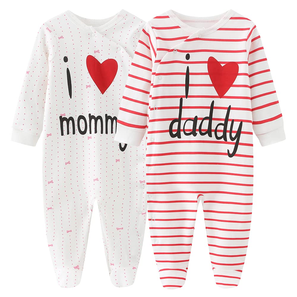 Chamie Men's I Love Mommy Daddy Baby Clothes Newborn Sleepsuit Footed Cotton Baby Grow For Boys And Girls,9-12 Months