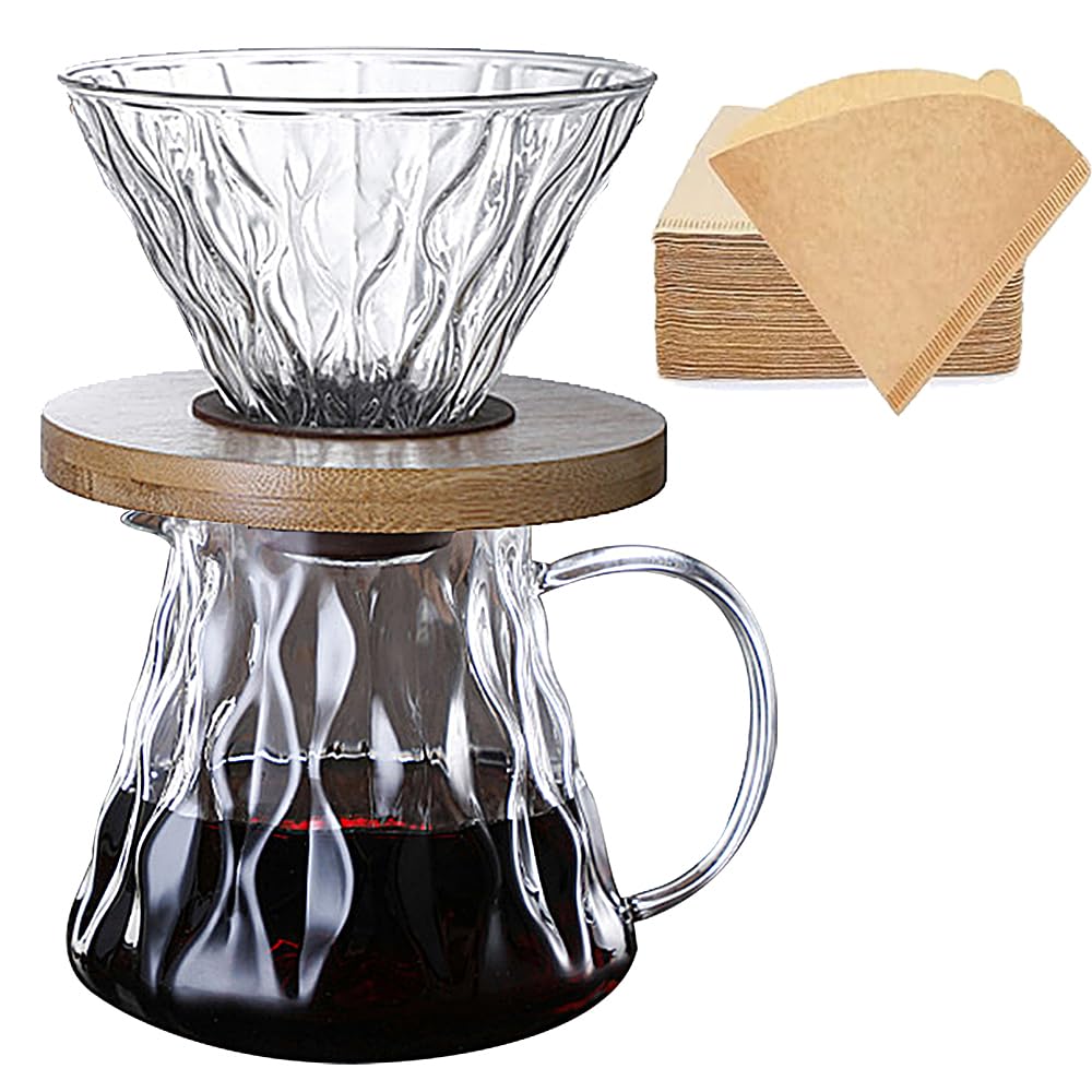 Moonmen V60 Pour Over Coffee Maker Dripper Set, 600ml Glass Coffee Server Pot Size 02, V60 Glass Coffee Dripper with Wood Stand for Home Office Carafe Gift-Grey (Ripple Style with Paper Filter)