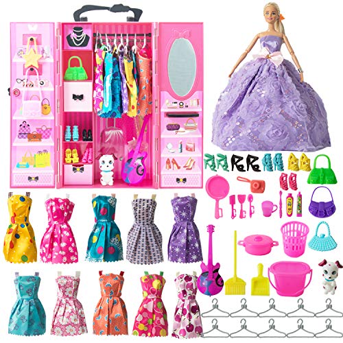 SOTOGO 54 Pieces Doll Clothes and Accessories for 11.5 Inch Girl Doll Clothes Include 11 Pieces Handmade Doll Grown Outfits Party Dresses, 42 Pieces Different Doll Accessories and Doll Closet Wardrobe