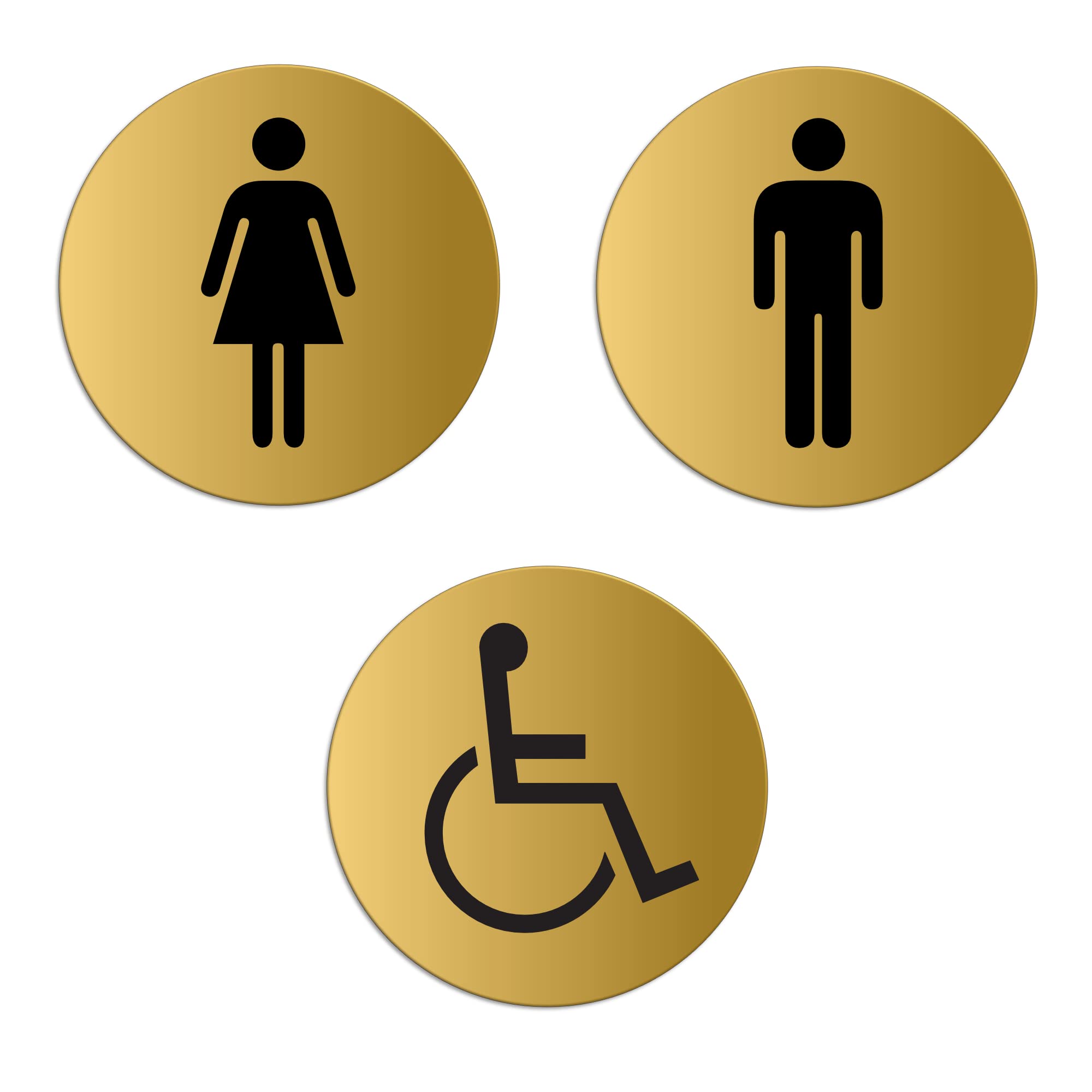 Targhette Toilette WC Donne Uomini Handicap Set di 3 Targa Ø 75 mm color oro auto-adhesiva