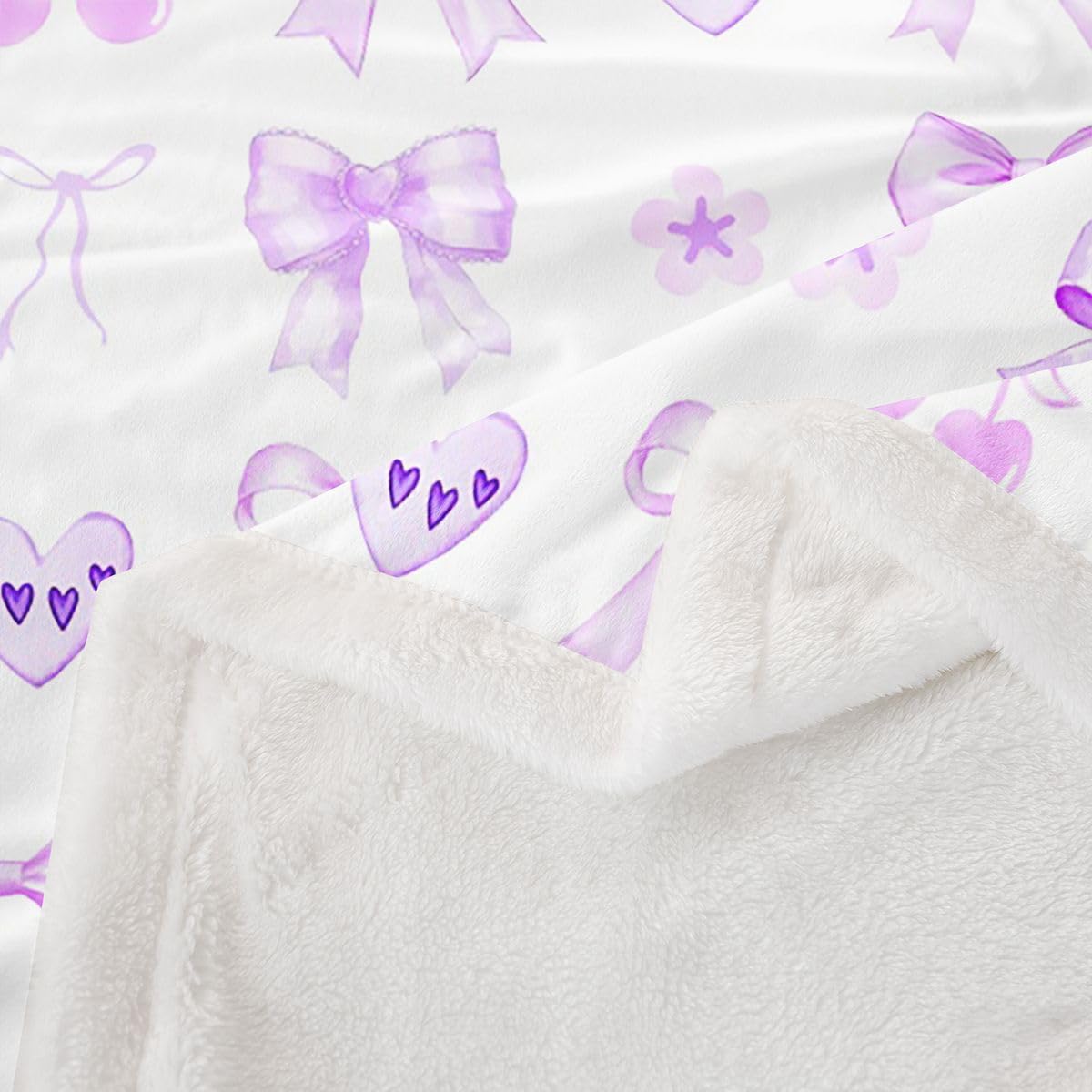 Homewish Fioletowa wiśnia kokarda koc polarowy Twin 152 x 203 cm urocze serce ciepły pluszowy koc szerpa urocza wstążka kokarda puszysty pluszowy narzuta miłość walentynki serce biuro kawaii wystrój