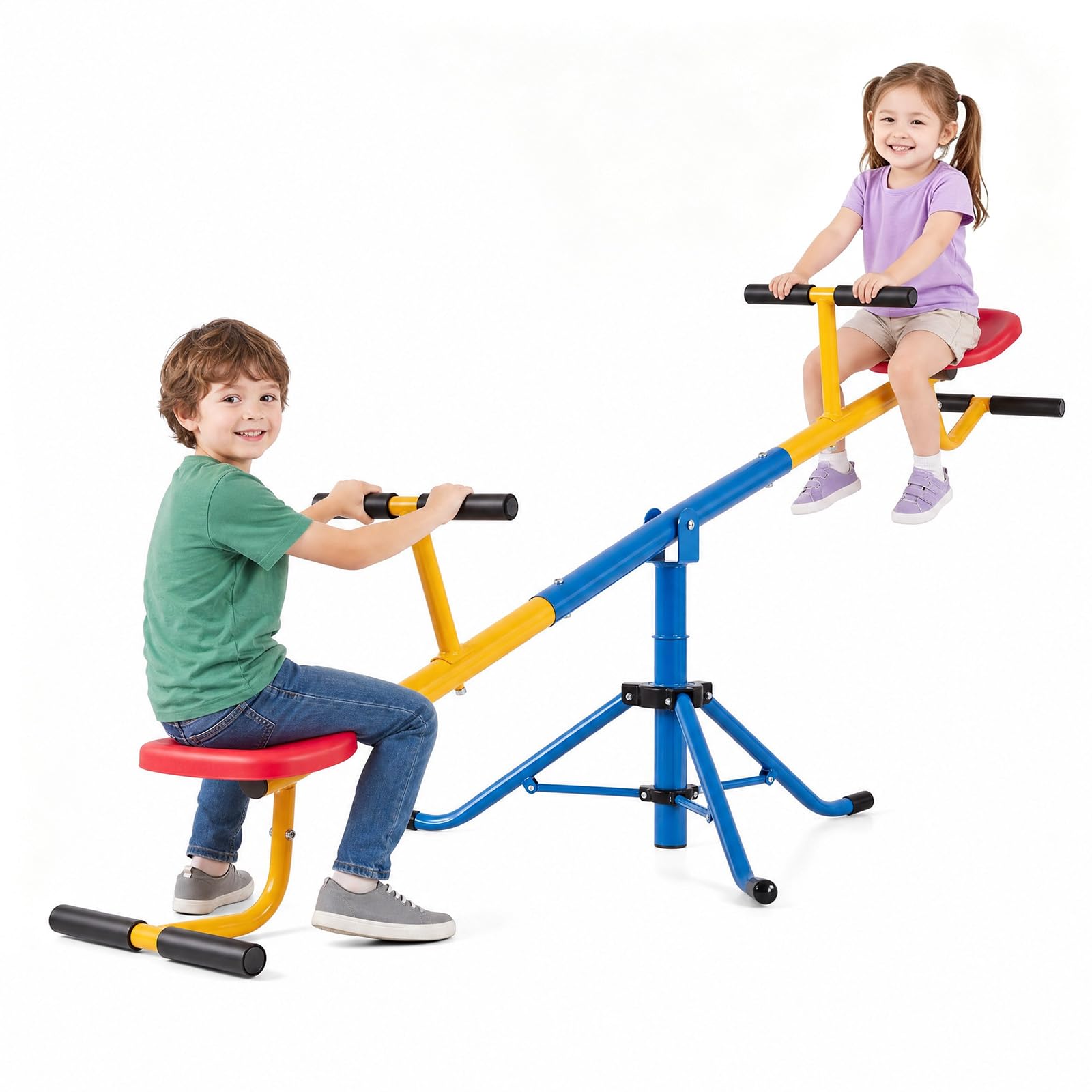 HOMASIS Balançoire à bascule pour enfants 2 places, Bascule d'extérieur avec rotation à 360° et verrou pour les jambes, jusqu'à 60 kg de charge, balançoire à bascule pour jeunes enfants de 3 à 8 ans