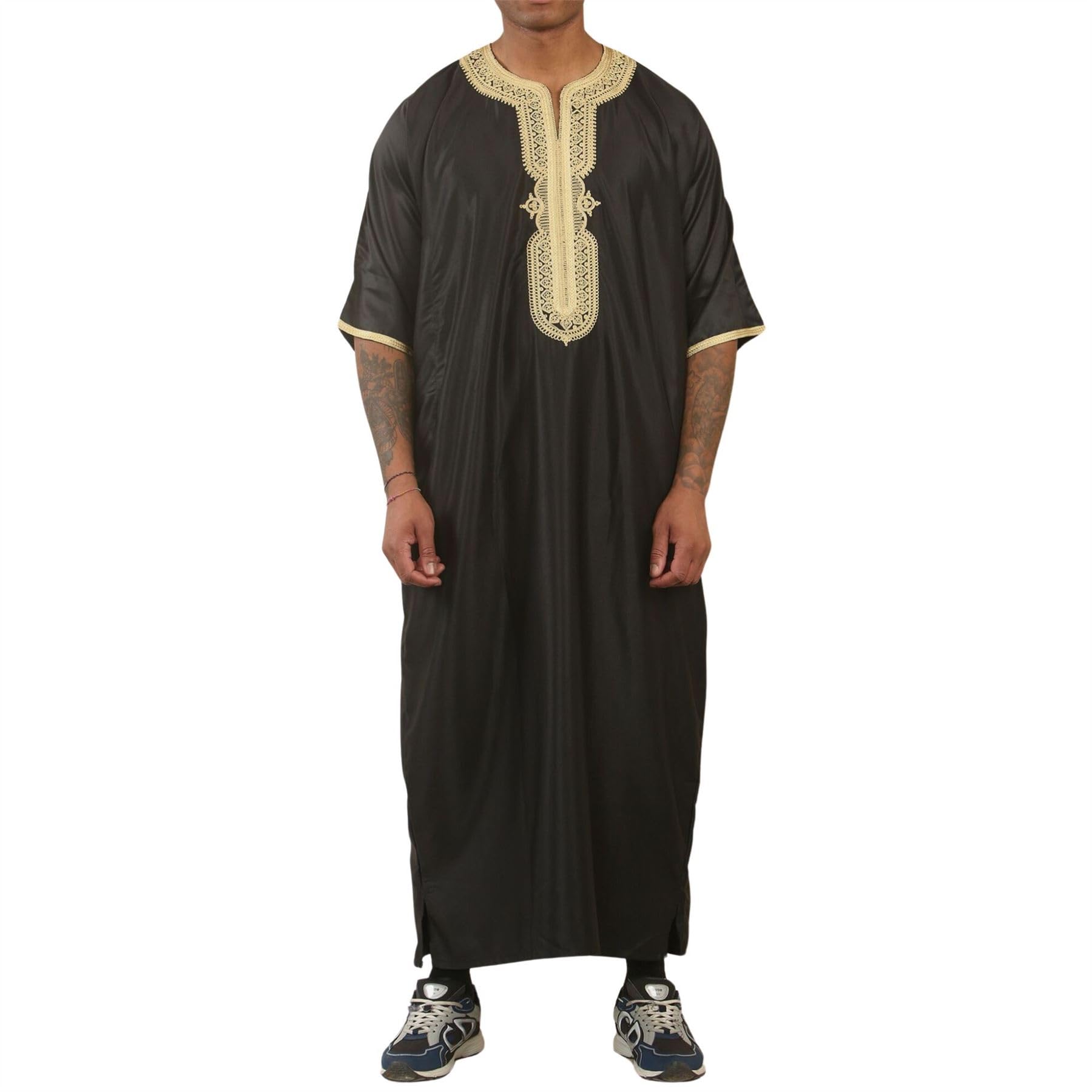 Thobez Men's Black/Gold Gg008 - Moroccan Thobe Short Sleeve Gandoura - 60