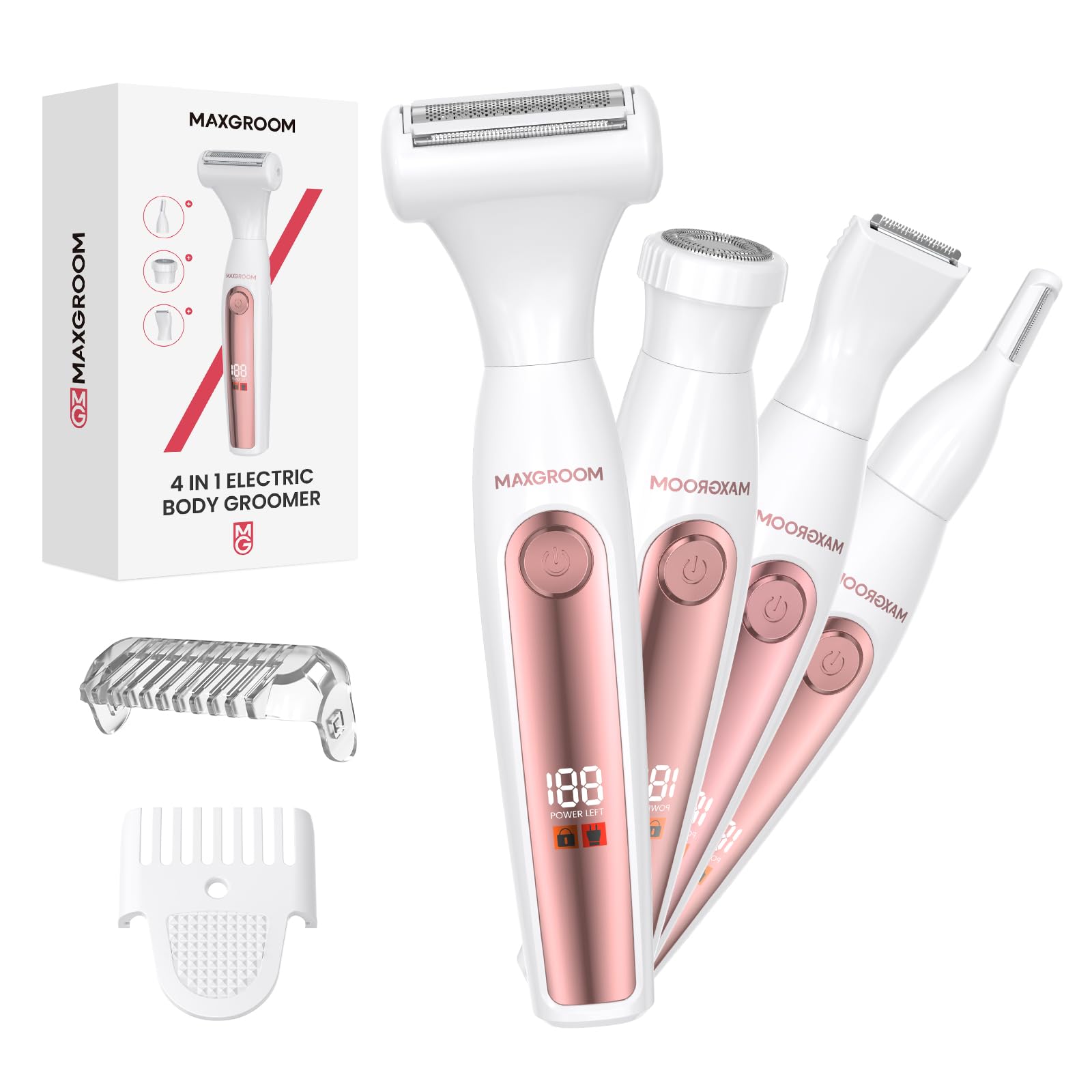 MAXGROOM Bikini Trimmer for Women, ALL-IN-ONE Waterproof Lady's Electric Razor Shaver and Facial Hair Removal, Rechargeable Body Hair Trimmer Grooming Sets for Leg, Armpit, Face, Eyebrow