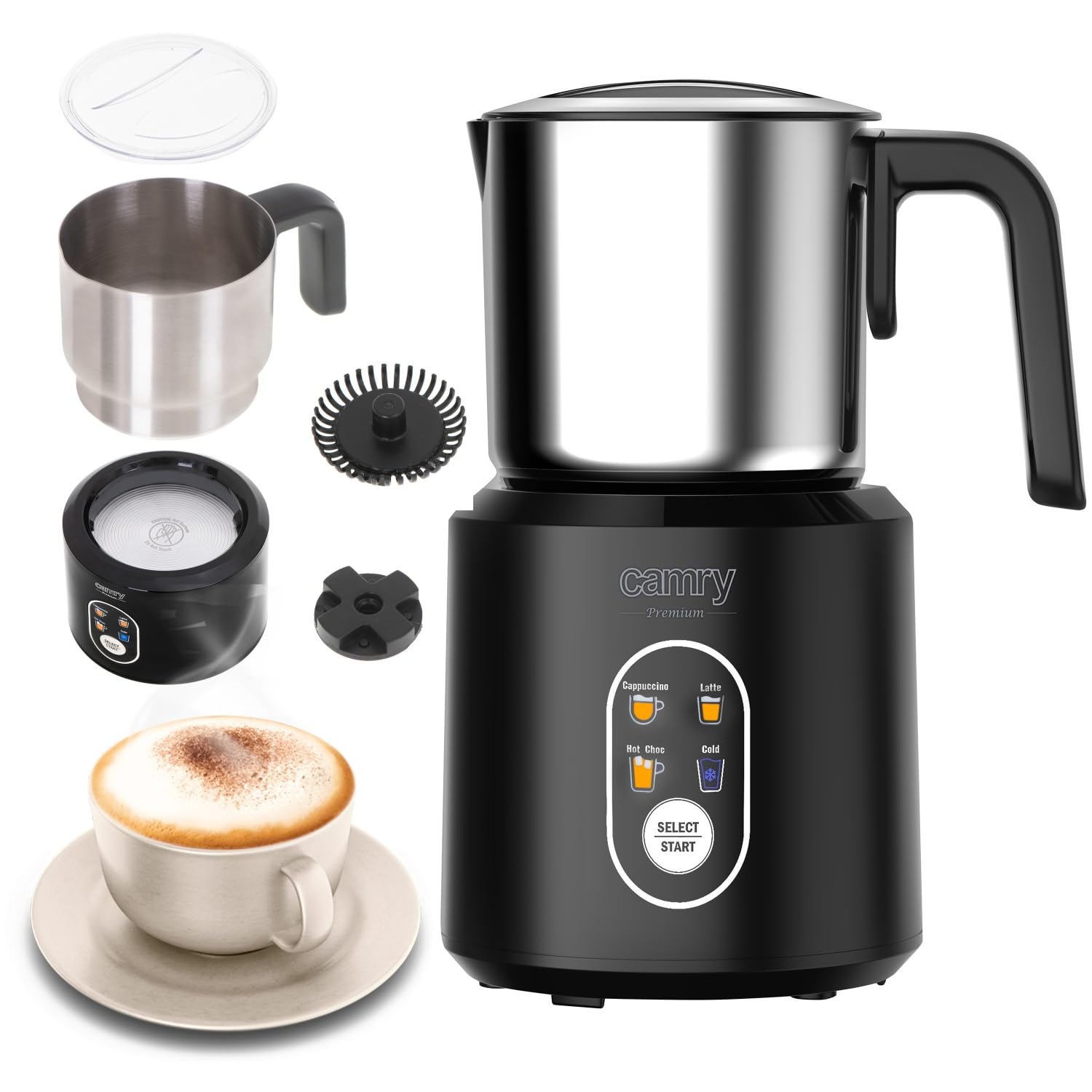 Camry CR4498 Espumador de Leche Automático Batidor de leche Eléctrico, Calentador Leche 350 ml, Hace Espuma en Caliente/Frío, Tapa Transparente, Jarra Inalámbrica Acero Inoxidable, 1000W
