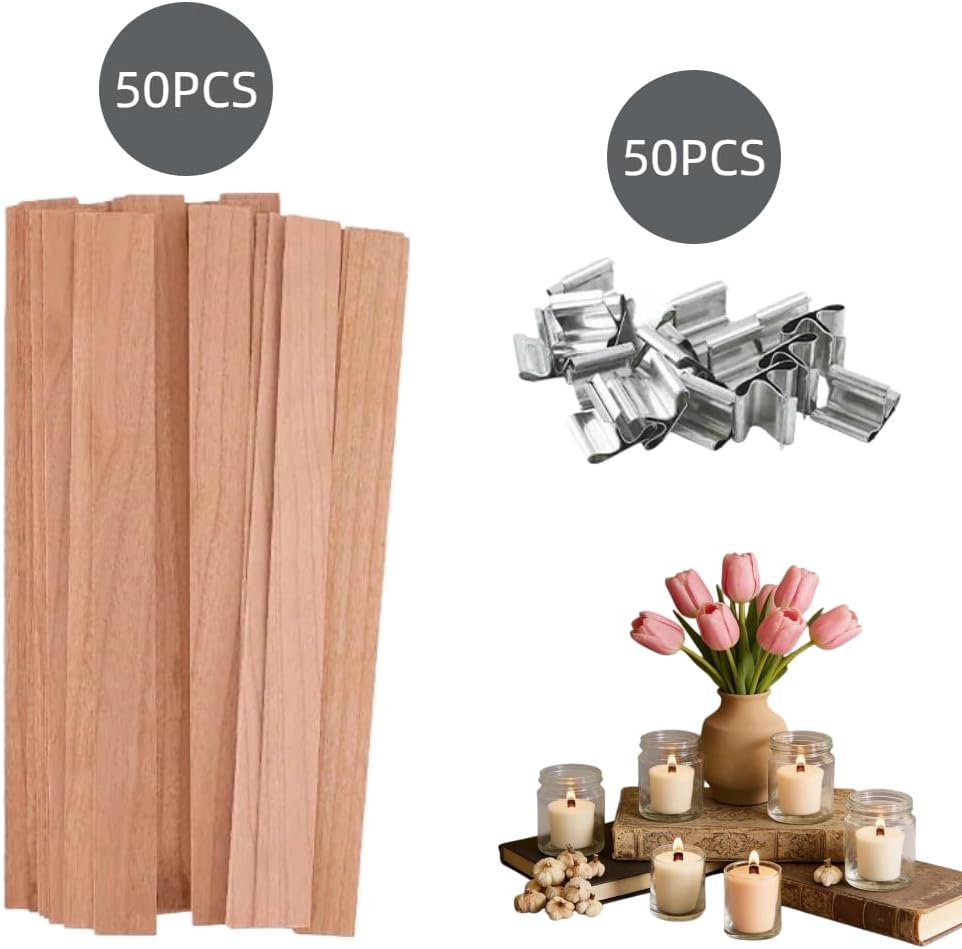100-Pack Crackling Wooden Candle Wicks — Natural Thick & Smokeless, 0.75 x 5.12 Inch, with Metal Wick Clips and Holder Bases