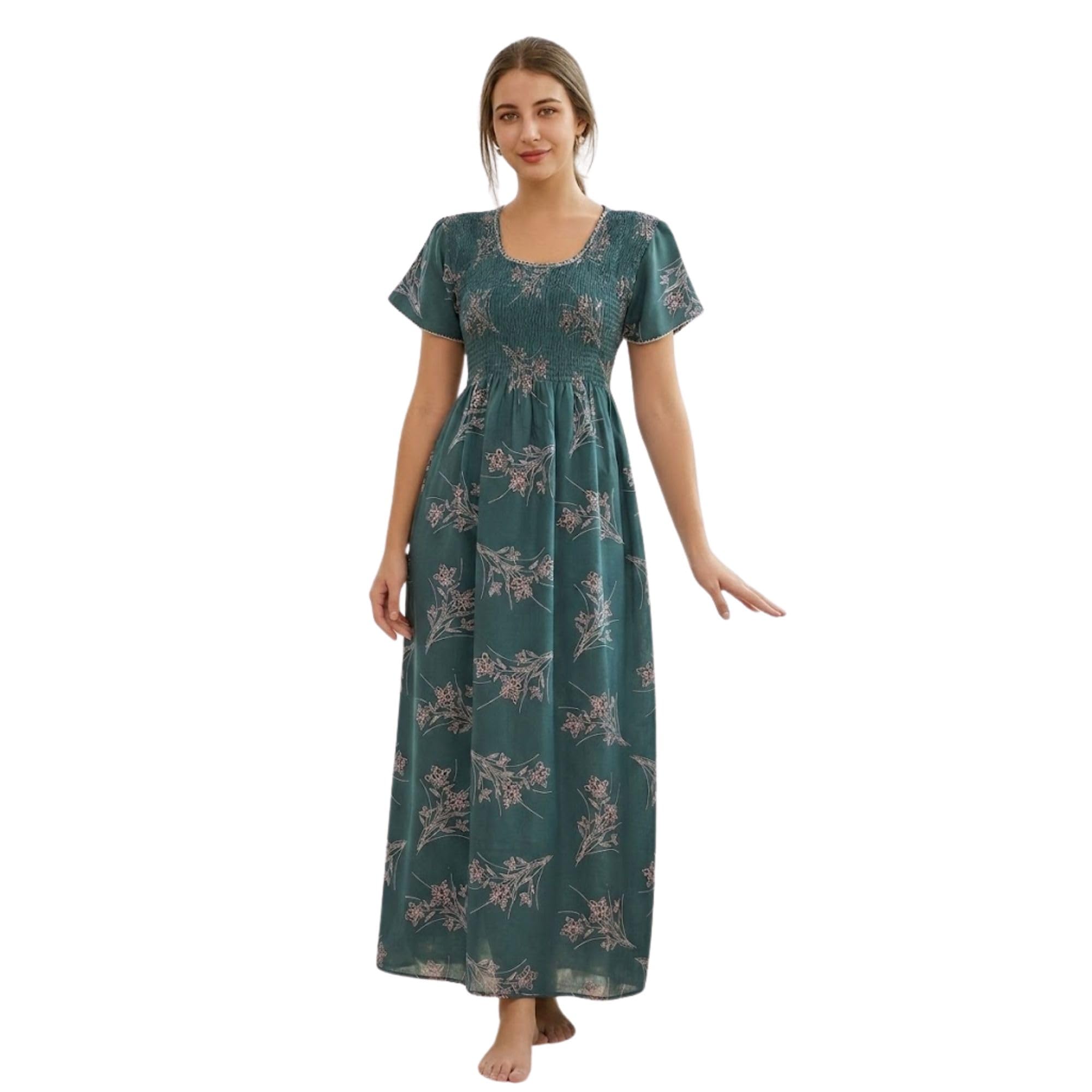 Fashion Women's Alpine Nighty | Floral Print Maxi Night Gown | Round Neck Short Sleeves | Functional Button Placket, Smocked Yoke & Side Pocket | Soft Comfortable Sleepwear-picture-23