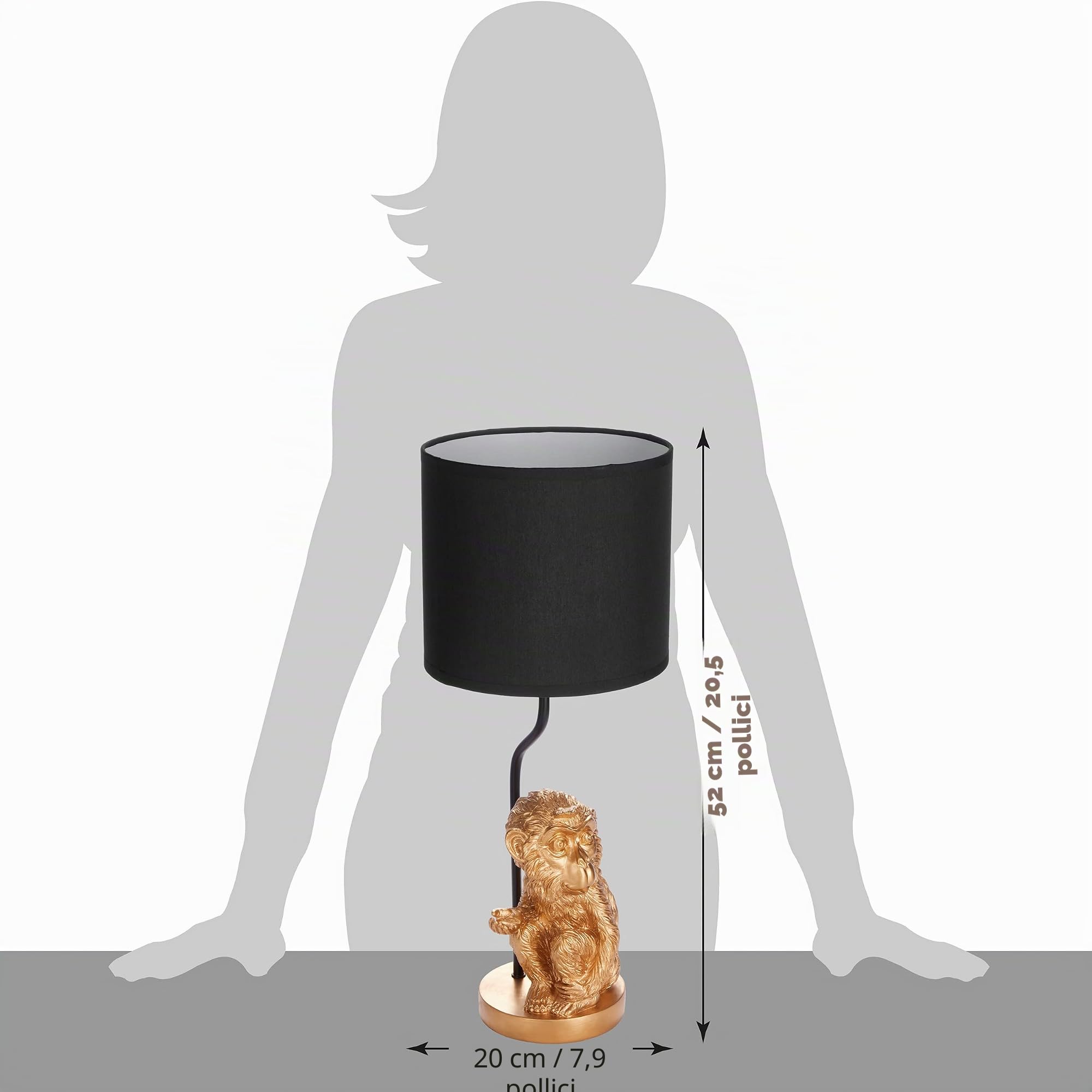 Brubaker Lampada da Tavolo o da Comodino Piccola Scimmia - Lampada da Tavolo con Base in Ceramica e Paralume in Tessuto - Altezza 52 cm, Oro Nero