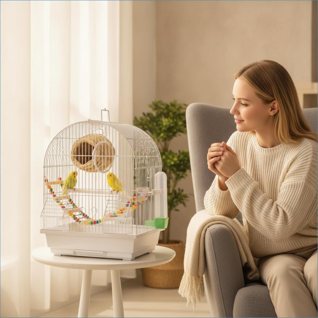 Heim für Wellensittiche groß, Käfig für vögel mit 2 Ebenen, für Vogelpflege, Knuspriges Kaltweiß, Weiß