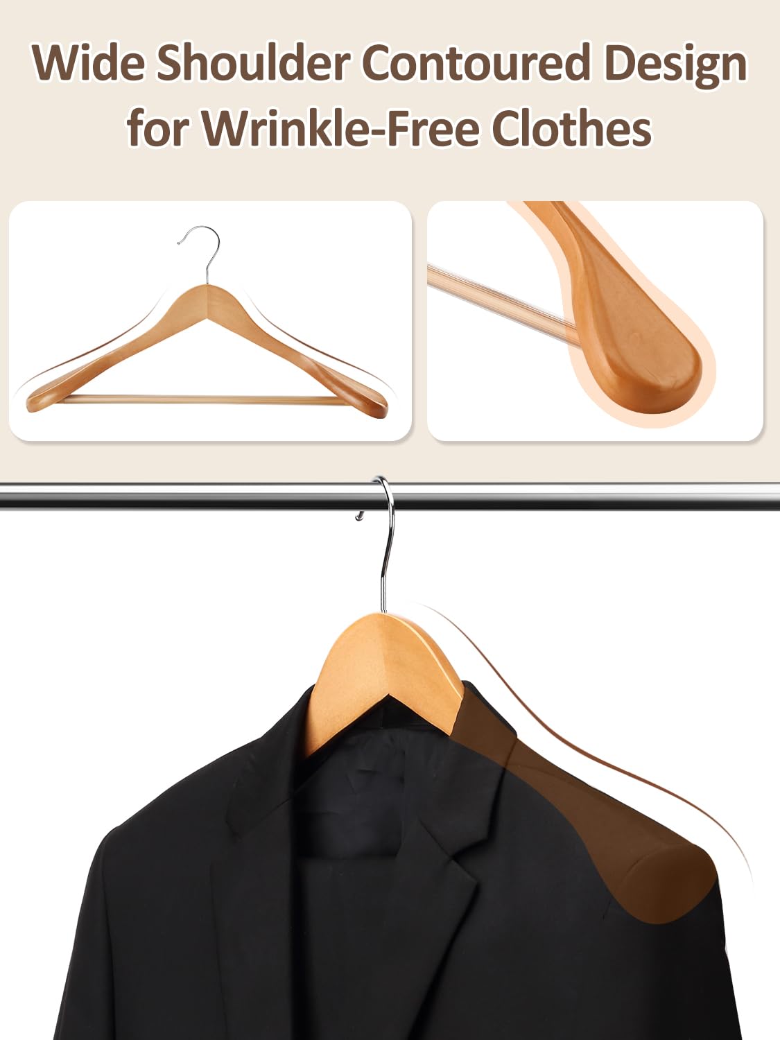 AMKUFO Perchas de madera de hombro ancho, paquete de 8 perchas con barra antideslizante para pantalones, perchas de madera resistentes con acabado suave, gancho giratorio de 360° para suéter, chamarra