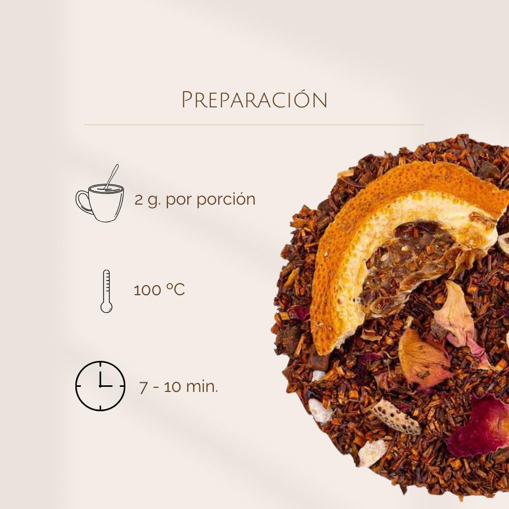 Rooibos de Canela, Naranja y Caramelo a Granel 100 Gramos - Cultivo Sostenible - Ingredientes Naturales: Alcaravea, Almendra, Canela, Caramelo, Cardamomo, Clavo, Jengibre, Naranja, Nuez.