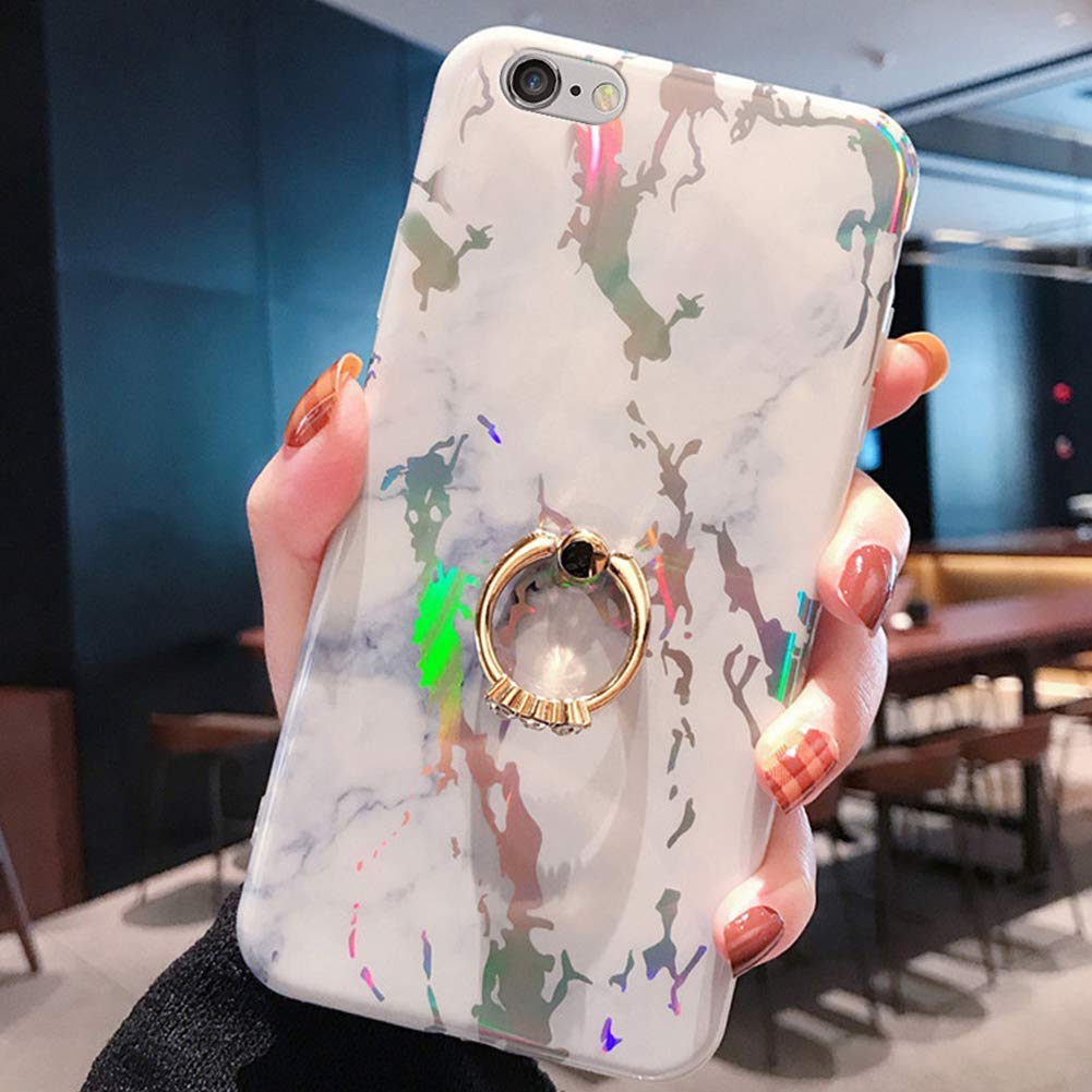 Uposao Compatible with iPhone 6S 4.7 Case Women Girls Glitter Marble Design Silicone Soft Rubber Case with Diamond Ring Holder Kickstand Ultra Thin Glossy Shockproof Bumper,White