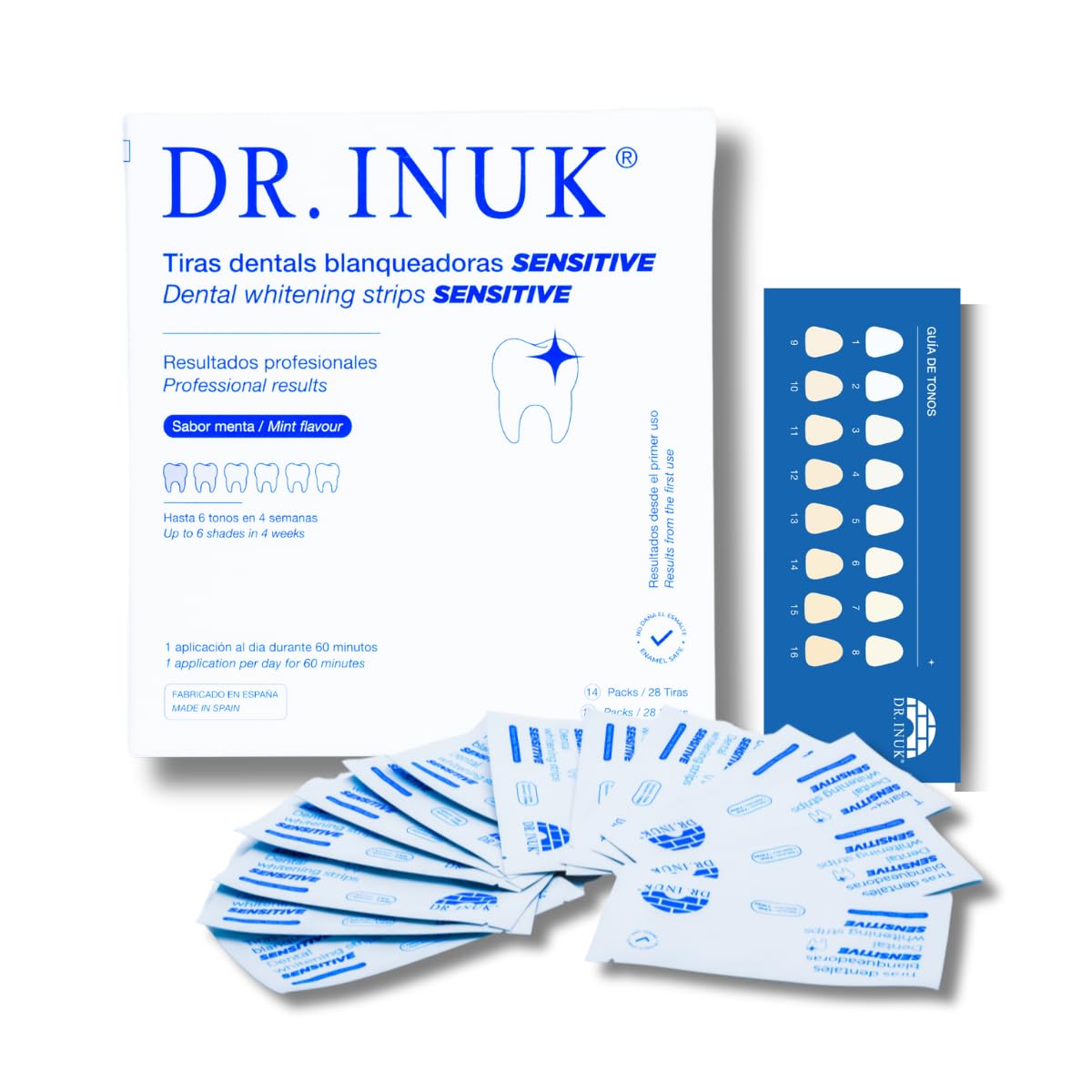 Tiras blanqueadoras de dientes PROFESIONALES SENSITIVE - 28 tiras sin peróxido o ácidos - 14 sesiones de blanqueamiento dental - Fabricado en España - Reduce 6 tonos en 4 semanas-​Incluye guía de tonos