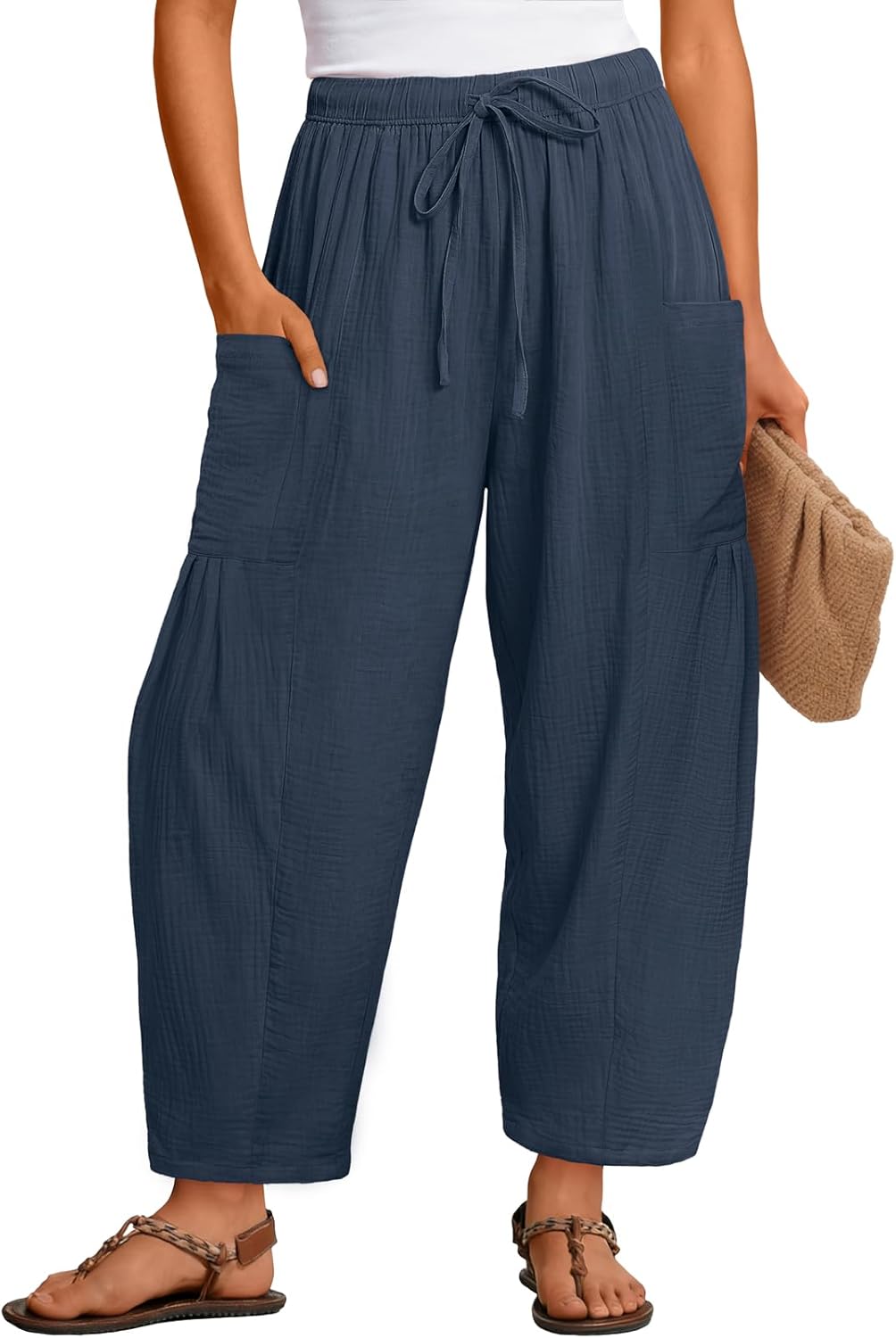 MEROKEETY Women's Linen Wide Leg Pants Summer 2026 Casual Loose Beach Vacation Baggy Palazzo Barrel Pant with Pockets