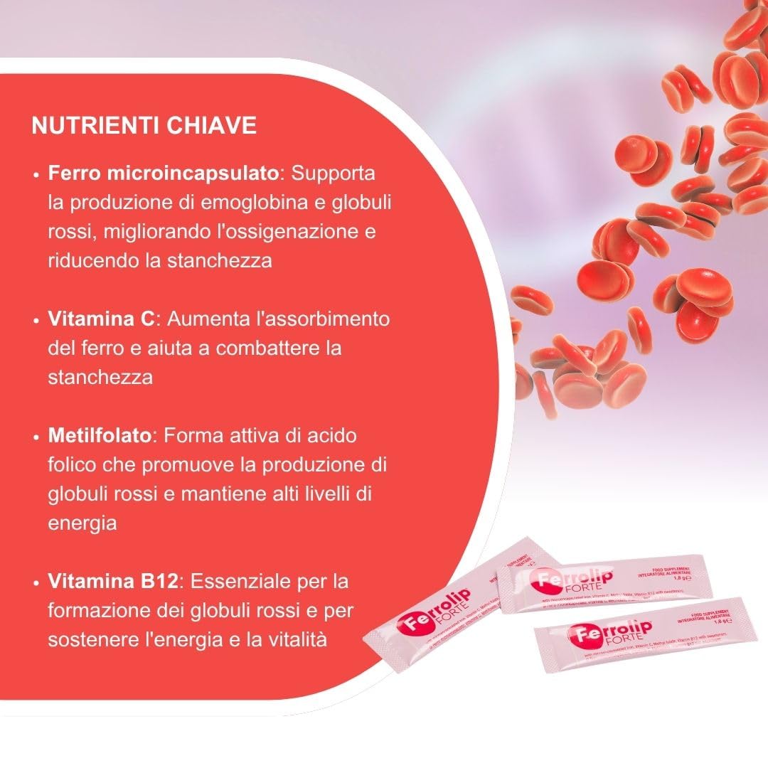 Ferrolip Forte Integratore Ferro e Acido Folico (30 Bustine Orosolubili al Limone) - Senza Fastidi Gastrointestinali - Privo di Sapore Metallico - Con Vitamina C e B12