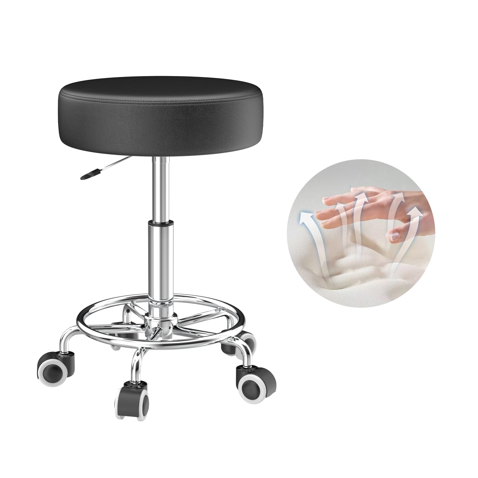 Hocker höhenverstellbar 49cm-63cm,Rollhocker mit fußstützezur Entspannung des Körpers,kompakt,bequem und leicht PU leder hocker mit rollen,drehhocker,arbeitshocker,friseurhocker,bürohocker (1 Schwarz)